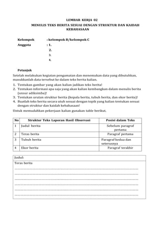 LEMBAR KERJA 02
MENULIS TEKS BERITA SESUAI DENGAN STRUKTUR DAN KAIDAH
KEBAHASAAN
Kelompok : kelompok B/kelompok C
Anggota : 1.
2.
3.
4.
Petunjuk
Setelah melakukan kegiatan pengamatan dan menemukan data yang dibutuhkan,
masukkanlah data tersebut ke dalam teks berita kalian.
1. Tentukan gambar yang akan kalian jadikan teks berita!
2. Tentukan informasi apa saja yang akan kalian kembangkan dalam menulis berita
(unsur adiksimba)!
3. Tentukan urutan struktur berita (kepala berita, tubuh berita, dan ekor berita)!
4. Buatlah teks berita secara utuh sesuai dengan topik yang kalian tentukan sesuai
dengan struktur dan kaidah kebahasaan!
Untuk memudahkan pekerjaan kalian gunakan table berikut.
No Struktur Teks Laporan Hasil Observasi Posisi dalam Teks
1 Judul berita Sebelum paragraf
pertama
2 Teras berita Paragraf pertama
3 Tubuh berita Paragraf kedua dan
seterusnya
4 Ekor berita Paragraf terakhir
 