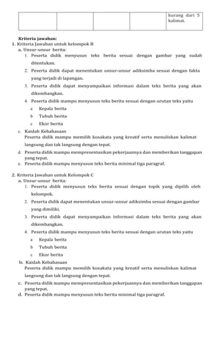 kurang dari 5
kalimat.
Kriteria jawaban:
1. Kriteria Jawaban untuk kelompok B
a. Unsur-unsur berita:
1. Peserta didik menyusun teks berita sesuai dengan gambar yang sudah
ditentukan.
2. Peserta didik dapat menentukan unsur-unsur adiksimba sesuai dengan fakta
yang terjadi di lapangan.
3. Peserta didik dapat menyampaikan informasi dalam teks berita yang akan
dikembangkan.
4. Peserta didik mampu menyusun teks berita sesuai dengan urutan teks yaitu
a Kepala berita
b Tubuh berita
c Ekor berita
c. Kaidah Kebahasaan
Peserta didik mampu memilih kosakata yang kreatif serta menuliskan kalimat
langsung dan tak langsung dengan tepat.
d. Peserta didik mampu mempresentasikan pekerjaannya dan memberikan tanggapan
yang tepat.
e. Peserta didik mampu menyusun teks berita minimal tiga paragraf.
2. Kriteria Jawaban untuk Kelompok C
a. Unsur-unsur berita:
1. Peserta didik menyusun teks berita sesuai dengan topik yang dipilih oleh
kelompok.
2. Peserta didik dapat menentukan unsur-unsur adiksimba sesuai dengan gambar
yang dimiliki.
3. Peserta didik dapat menyampaikan informasi dalam teks berita yang akan
dikembangkan.
4. Peserta didik mampu menyusun teks berita sesuai dengan urutan teks yaitu
a Kepala berita
b Tubuh berita
c Ekor berita
b. Kaidah Kebahasaan
Peserta didik mampu memilih kosakata yang kreatif serta menuliskan kalimat
langsung dan tak langsung dengan tepat.
c. Peserta didik mampu mempresentasikan pekerjaannya dan memberikan tanggapan
yang tepat.
d. Peserta didik mampu menyusun teks berita minimal tiga paragraf.
 