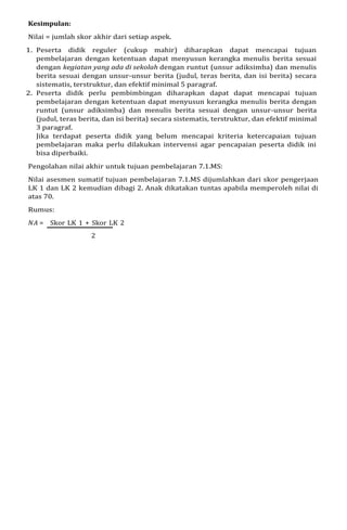 Kesimpulan:
Nilai = jumlah skor akhir dari setiap aspek.
1. Peserta didik reguler (cukup mahir) diharapkan dapat mencapai tujuan
pembelajaran dengan ketentuan dapat menyusun kerangka menulis berita sesuai
dengan kegiatan yang ada di sekolah dengan runtut (unsur adiksimba) dan menulis
berita sesuai dengan unsur-unsur berita (judul, teras berita, dan isi berita) secara
sistematis, terstruktur, dan efektif minimal 5 paragraf.
2. Peserta didik perlu pembimbingan diharapkan dapat dapat mencapai tujuan
pembelajaran dengan ketentuan dapat menyusun kerangka menulis berita dengan
runtut (unsur adiksimba) dan menulis berita sesuai dengan unsur-unsur berita
(judul, teras berita, dan isi berita) secara sistematis, terstruktur, dan efektif minimal
3 paragraf.
Jika terdapat peserta didik yang belum mencapai kriteria ketercapaian tujuan
pembelajaran maka perlu dilakukan intervensi agar pencapaian peserta didik ini
bisa diperbaiki.
Pengolahan nilai akhir untuk tujuan pembelajaran 7.1.MS:
Nilai asesmen sumatif tujuan pembelajaran 7.1.MS dijumlahkan dari skor pengerjaan
LK 1 dan LK 2 kemudian dibagi 2. Anak dikatakan tuntas apabila memperoleh nilai di
atas 70.
Rumus:
𝑁𝐴 = Skor LK 1 + Skor LK 2
2
 