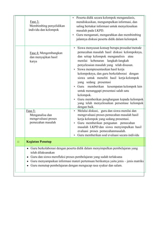 Fase 3:
Membimbing penyelidikan
individu dan kelompok
• Peserta didik secara kelompok menganalasis,
mendiskusikan, mengumpulkan informasi, dan
saling bertukar informasi untuk menyelesaikan
masalah pada LKPD.
• Guru mengamati, mengarahkan dan membimbing
jalannya diskusi peserta didik dalam kelompok
Fase 4: Mengembangkan
dan menyajikan hasil
karya
• Siswa menyusun konsep berupa prosedur/metode
pemecahan masalah hasil diskusi kelompoknya,
dan setiap kelompok menganalisis atau
menilai kebenaran langkah-langkah
penyelesaian masalah yang telah disusun.
• Siswa mempresentasikan hasil kerja
kelompoknya, dan guru berkolaborasi dengan
siswa untuk meneliti hasil kerja kelompok
yang sedang presentasi
• Guru memberikan kesempatan kelompok lain
untuk menanggapi presentasi salah satu
kelompok.
• Guru memberikan penghargaan kepada kelompok
yang telah menyelesaikan persentase kelompok
dengan baik.
Fase 5:
Menganalisa dan
mengevaluasi proses
pemecahan masalah
• Melalui diskusi, guru dan siswa menilai dan
mengevaluasi proses pemecahan masalah hasil
kerja kelompok yang sedang presentasi.
• Guru memberikan penguatan pemecahan
masalah LKPD dan siswa menyimpulkan hasil
evaluasi proses pemecahanmasalah.
• Guru memberikan soal evaluasi secara individu
□ Kegiatan Penutup
● Guru berkolaborasi dengan peserta didik dalam menyimpulkan pembelajaran yang
telah dilaksanakan
● Guru dan siswa merefleksi proses pembelajaran yang sudah terlaksana
● Guru menyampaikan informasi materi pertemuan berikutnya yaitu jenis – jenis matriks
● Guru menutup pembelajaran dengan mengucap rasa syukur dan salam.
 