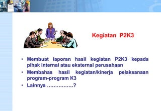 Kegiatan P2K3 
•MembuatlaporanhasilkegiatanP2K3kepadapihakinternalataueksternalperusahaan 
•Membahashasilkegiatan/kinerjapelaksanaanprogram-programK3 
•Lainnya…………….?  