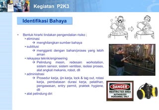 Identifikasi Bahaya 
•Bentukhirarkitindakanpengendalianrisiko; 
•eliminasi menghilangkansumberbahaya 
•subtitusi menggantidenganbahan/prosesyanglebihaman 
•rekayasateknik/engineering Pelindungmesin,redesainworkstation, sistemsensor,sistemventilasi,isolasiproses, alatangkatmekanis,robot,dll 
•administrasi Prosedurkerja,ijinkerja,lock&tagout,rotasikerja,pembatasandurasikerja,pelatihan, pengawasan,entrypermit,praktekhygiene, dll 
•alatpelindungdiriKegiatan P2K3  