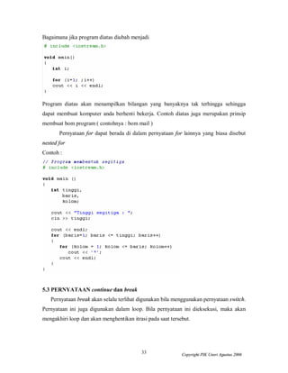 Bagaimana jika program diatas diubah menjadi




Program diatas akan menampilkan bilangan yang banyaknya tak terhingga sehingga
dapat membuat komputer anda berhenti bekerja. Contoh diatas juga merupakan prinsip
membuat bom program ( contohnya : bom mail )
       Pernyataan for dapat berada di dalam pernyataan for lainnya yang biasa disebut
nested for
Contoh :




5.3 PERNYATAAN continue dan break
   Pernyataan break akan selalu terlihat digunakan bila menggunakan pernyataan switch.
Pernyataan ini juga digunakan dalam loop. Bila pernyataan ini dieksekusi, maka akan
mengakhiri loop dan akan menghentikan itrasi pada saat tersebut.




                                          33                Copyright PIK Unsri Agustus 2006
 
