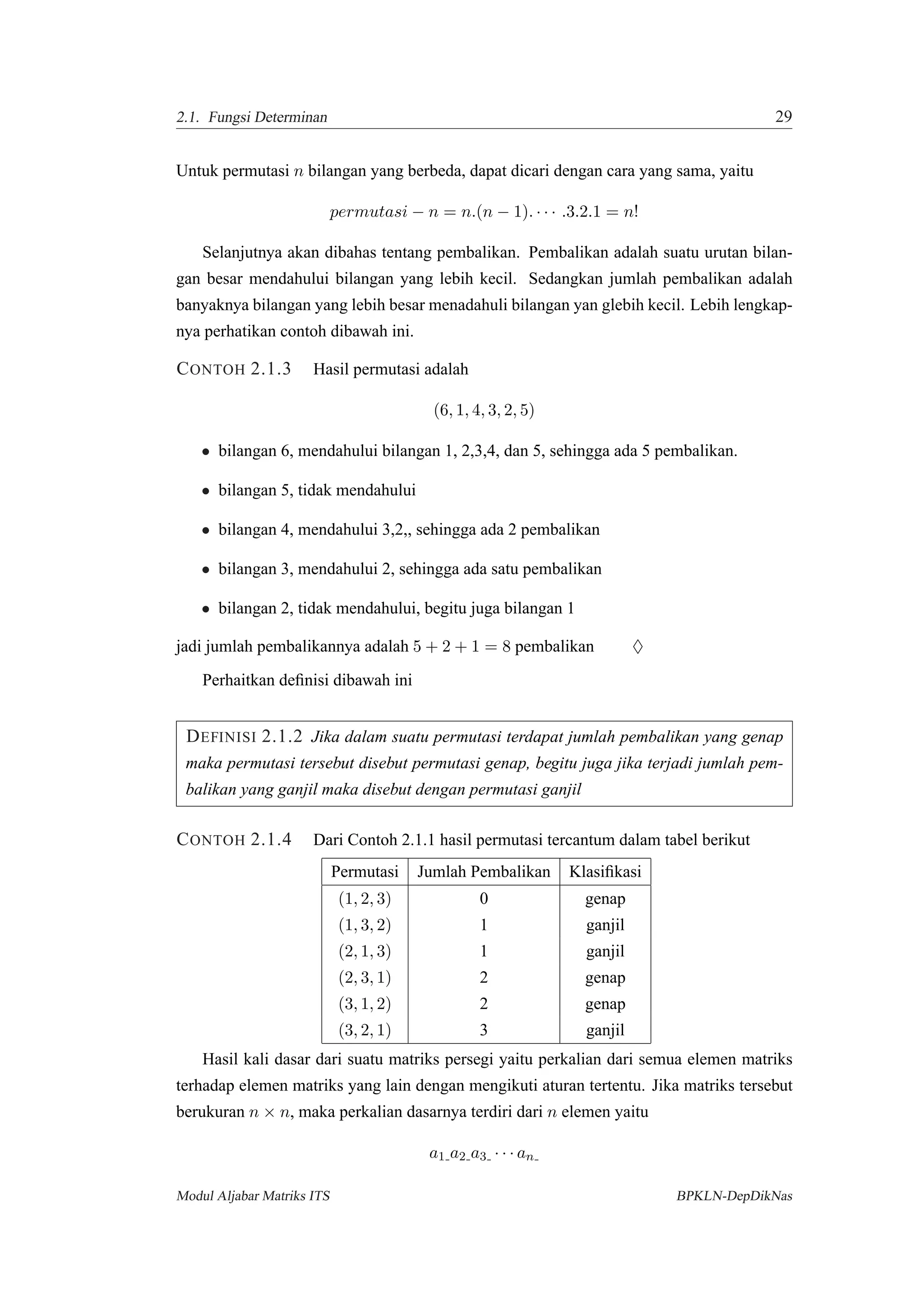 2.1. Fungsi Determinan 29
Untuk permutasi n bilangan yang berbeda, dapat dicari dengan cara yang sama, yaitu
permutasi − n = n.(n − 1). · · · .3.2.1 = n!
Selanjutnya akan dibahas tentang pembalikan. Pembalikan adalah suatu urutan bilan-
gan besar mendahului bilangan yang lebih kecil. Sedangkan jumlah pembalikan adalah
banyaknya bilangan yang lebih besar menadahuli bilangan yan glebih kecil. Lebih lengkap-
nya perhatikan contoh dibawah ini.
CONTOH 2.1.3 Hasil permutasi adalah
(6, 1, 4, 3, 2, 5)
• bilangan 6, mendahului bilangan 1, 2,3,4, dan 5, sehingga ada 5 pembalikan.
• bilangan 5, tidak mendahului
• bilangan 4, mendahului 3,2,, sehingga ada 2 pembalikan
• bilangan 3, mendahului 2, sehingga ada satu pembalikan
• bilangan 2, tidak mendahului, begitu juga bilangan 1
jadi jumlah pembalikannya adalah 5 + 2 + 1 = 8 pembalikan ♦
Perhaitkan deﬁnisi dibawah ini
DEFINISI 2.1.2 Jika dalam suatu permutasi terdapat jumlah pembalikan yang genap
maka permutasi tersebut disebut permutasi genap, begitu juga jika terjadi jumlah pem-
balikan yang ganjil maka disebut dengan permutasi ganjil
CONTOH 2.1.4 Dari Contoh 2.1.1 hasil permutasi tercantum dalam tabel berikut
Permutasi Jumlah Pembalikan Klasiﬁkasi
(1, 2, 3) 0 genap
(1, 3, 2) 1 ganjil
(2, 1, 3) 1 ganjil
(2, 3, 1) 2 genap
(3, 1, 2) 2 genap
(3, 2, 1) 3 ganjil
Hasil kali dasar dari suatu matriks persegi yaitu perkalian dari semua elemen matriks
terhadap elemen matriks yang lain dengan mengikuti aturan tertentu. Jika matriks tersebut
berukuran n × n, maka perkalian dasarnya terdiri dari n elemen yaitu
a1 a2 a3 · · · an
Modul Aljabar Matriks ITS BPKLN-DepDikNas
 