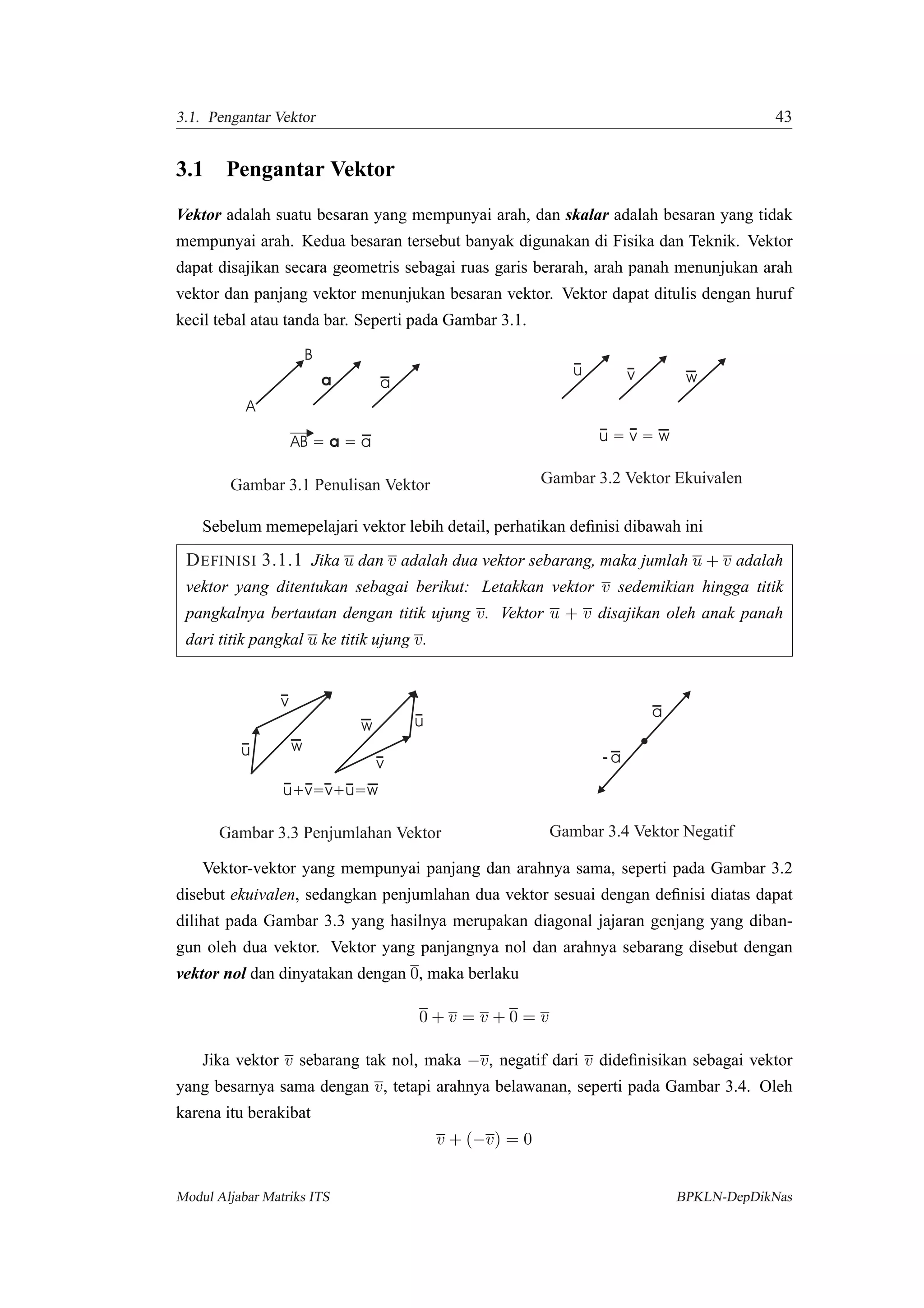 3.1. Pengantar Vektor 43
3.1 Pengantar Vektor
Vektor adalah suatu besaran yang mempunyai arah, dan skalar adalah besaran yang tidak
mempunyai arah. Kedua besaran tersebut banyak digunakan di Fisika dan Teknik. Vektor
dapat disajikan secara geometris sebagai ruas garis berarah, arah panah menunjukan arah
vektor dan panjang vektor menunjukan besaran vektor. Vektor dapat ditulis dengan huruf
kecil tebal atau tanda bar. Seperti pada Gambar 3.1.
a
B
A
AB = = aa
a
Gambar 3.1 Penulisan Vektor
v wu
u = v = w
Gambar 3.2 Vektor Ekuivalen
Sebelum memepelajari vektor lebih detail, perhatikan deﬁnisi dibawah ini
DEFINISI 3.1.1 Jika u dan v adalah dua vektor sebarang, maka jumlah u + v adalah
vektor yang ditentukan sebagai berikut: Letakkan vektor v sedemikian hingga titik
pangkalnya bertautan dengan titik ujung v. Vektor u + v disajikan oleh anak panah
dari titik pangkal u ke titik ujung v.
u
v
w
u+v=v+u=w
v
uw
Gambar 3.3 Penjumlahan Vektor
a
a
Gambar 3.4 Vektor Negatif
Vektor-vektor yang mempunyai panjang dan arahnya sama, seperti pada Gambar 3.2
disebut ekuivalen, sedangkan penjumlahan dua vektor sesuai dengan deﬁnisi diatas dapat
dilihat pada Gambar 3.3 yang hasilnya merupakan diagonal jajaran genjang yang diban-
gun oleh dua vektor. Vektor yang panjangnya nol dan arahnya sebarang disebut dengan
vektor nol dan dinyatakan dengan 0, maka berlaku
0 + v = v + 0 = v
Jika vektor v sebarang tak nol, maka −v, negatif dari v dideﬁnisikan sebagai vektor
yang besarnya sama dengan v, tetapi arahnya belawanan, seperti pada Gambar 3.4. Oleh
karena itu berakibat
v + (−v) = 0
Modul Aljabar Matriks ITS BPKLN-DepDikNas
 