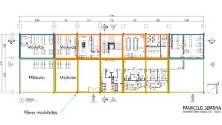 Para melhor racionalização de um projeto e
compatibilização com projetos complementares, utiliza-
se a coordenação e/ou modulação da estrutura, que
pode operar independentemente das forrações laterais
Pilares modulados
Módulos
Módulos Módulos
Módulos
 