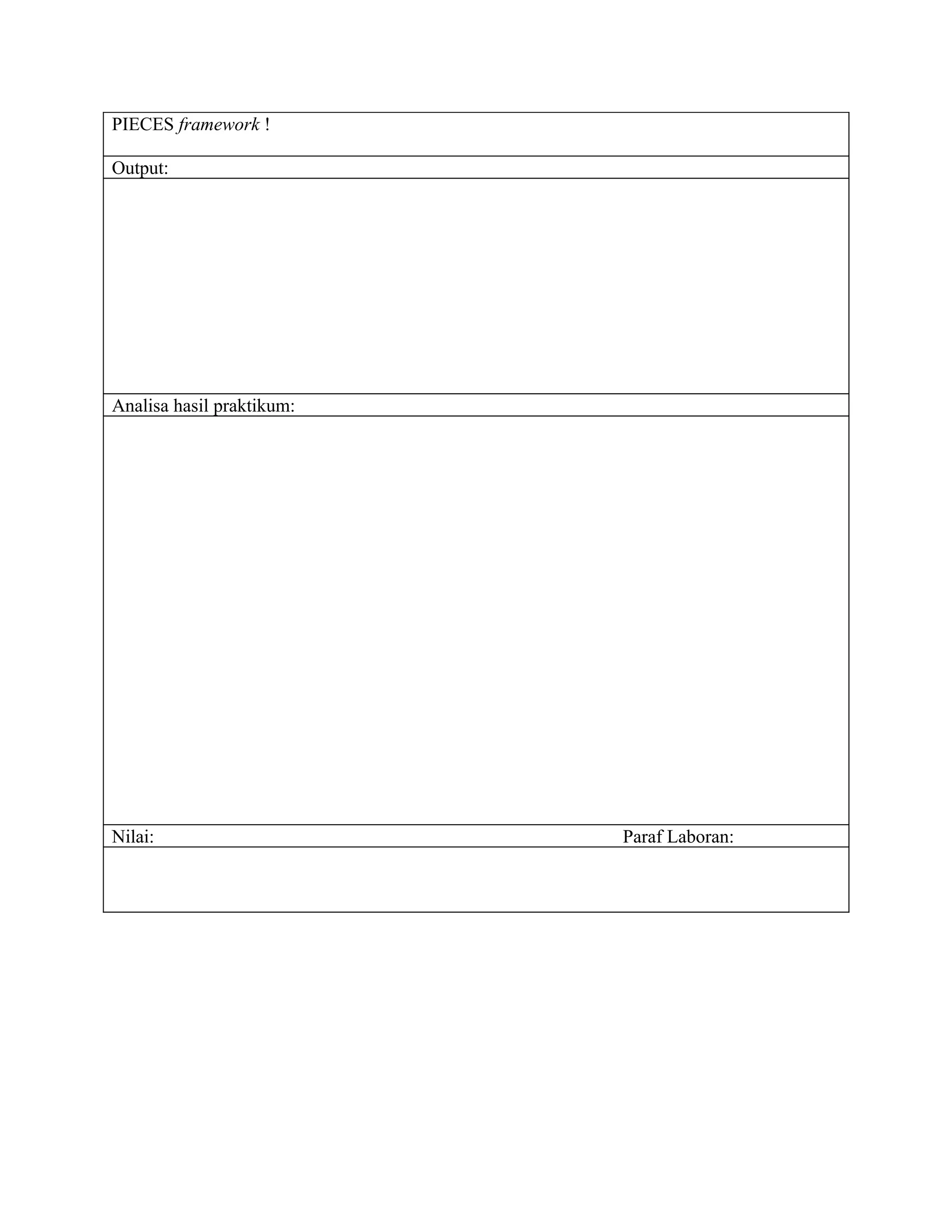 PIECES framework !

Output:




Analisa hasil praktikum:




Nilai:                     Paraf Laboran:
 