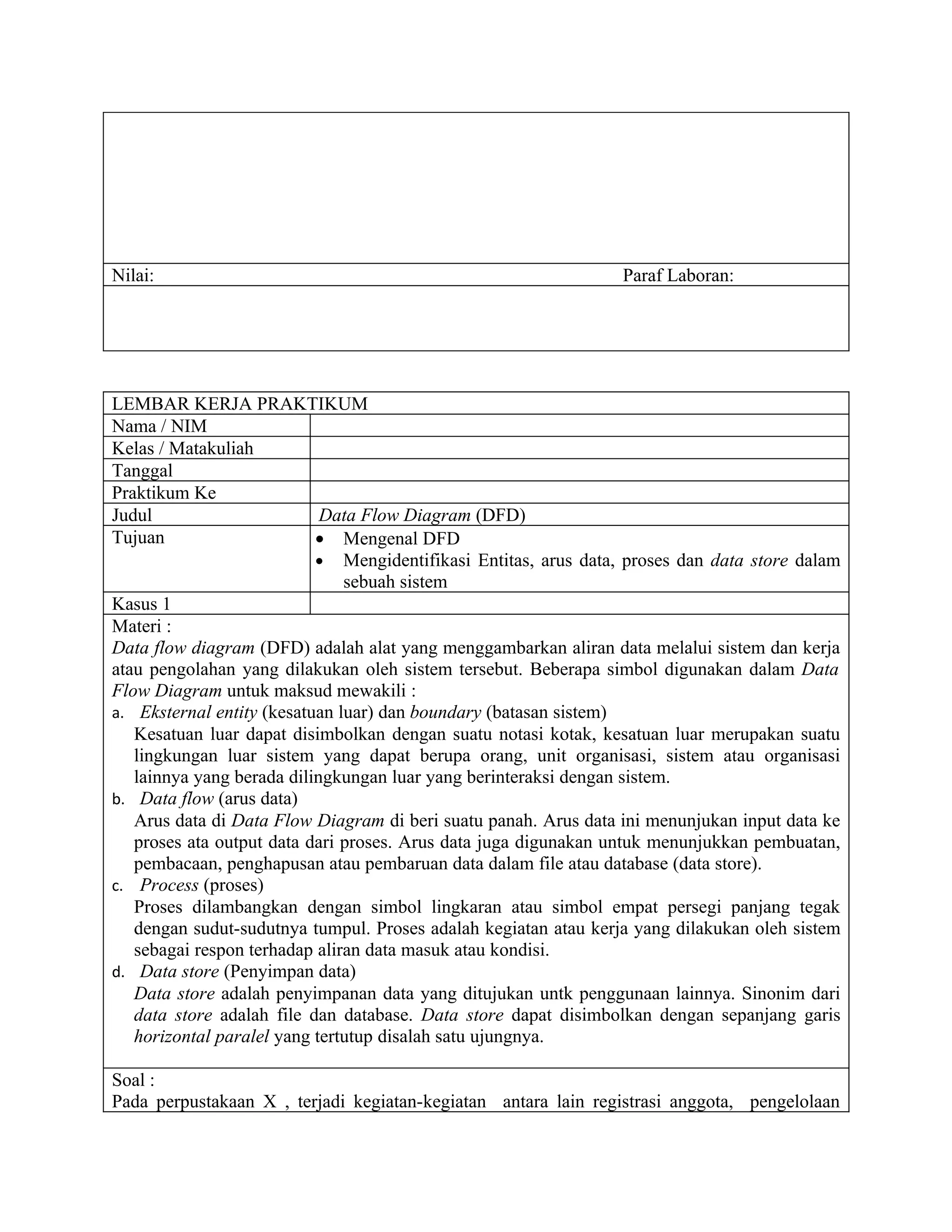 Nilai:                                                           Paraf Laboran:




LEMBAR KERJA PRAKTIKUM
Nama / NIM
Kelas / Matakuliah
Tanggal
Praktikum Ke
Judul                       Data Flow Diagram (DFD)
Tujuan                     • Mengenal DFD
                           • Mengidentifikasi Entitas, arus data, proses dan data store dalam
                               sebuah sistem
Kasus 1
Materi :
Data flow diagram (DFD) adalah alat yang menggambarkan aliran data melalui sistem dan kerja
atau pengolahan yang dilakukan oleh sistem tersebut. Beberapa simbol digunakan dalam Data
Flow Diagram untuk maksud mewakili :
a. Eksternal entity (kesatuan luar) dan boundary (batasan sistem)
   Kesatuan luar dapat disimbolkan dengan suatu notasi kotak, kesatuan luar merupakan suatu
   lingkungan luar sistem yang dapat berupa orang, unit organisasi, sistem atau organisasi
   lainnya yang berada dilingkungan luar yang berinteraksi dengan sistem.
b. Data flow (arus data)
   Arus data di Data Flow Diagram di beri suatu panah. Arus data ini menunjukan input data ke
   proses ata output data dari proses. Arus data juga digunakan untuk menunjukkan pembuatan,
   pembacaan, penghapusan atau pembaruan data dalam file atau database (data store).
c. Process (proses)
   Proses dilambangkan dengan simbol lingkaran atau simbol empat persegi panjang tegak
   dengan sudut-sudutnya tumpul. Proses adalah kegiatan atau kerja yang dilakukan oleh sistem
   sebagai respon terhadap aliran data masuk atau kondisi.
d. Data store (Penyimpan data)
   Data store adalah penyimpanan data yang ditujukan untk penggunaan lainnya. Sinonim dari
   data store adalah file dan database. Data store dapat disimbolkan dengan sepanjang garis
   horizontal paralel yang tertutup disalah satu ujungnya.

Soal :
Pada perpustakaan X , terjadi kegiatan-kegiatan antara lain registrasi anggota, pengelolaan
 