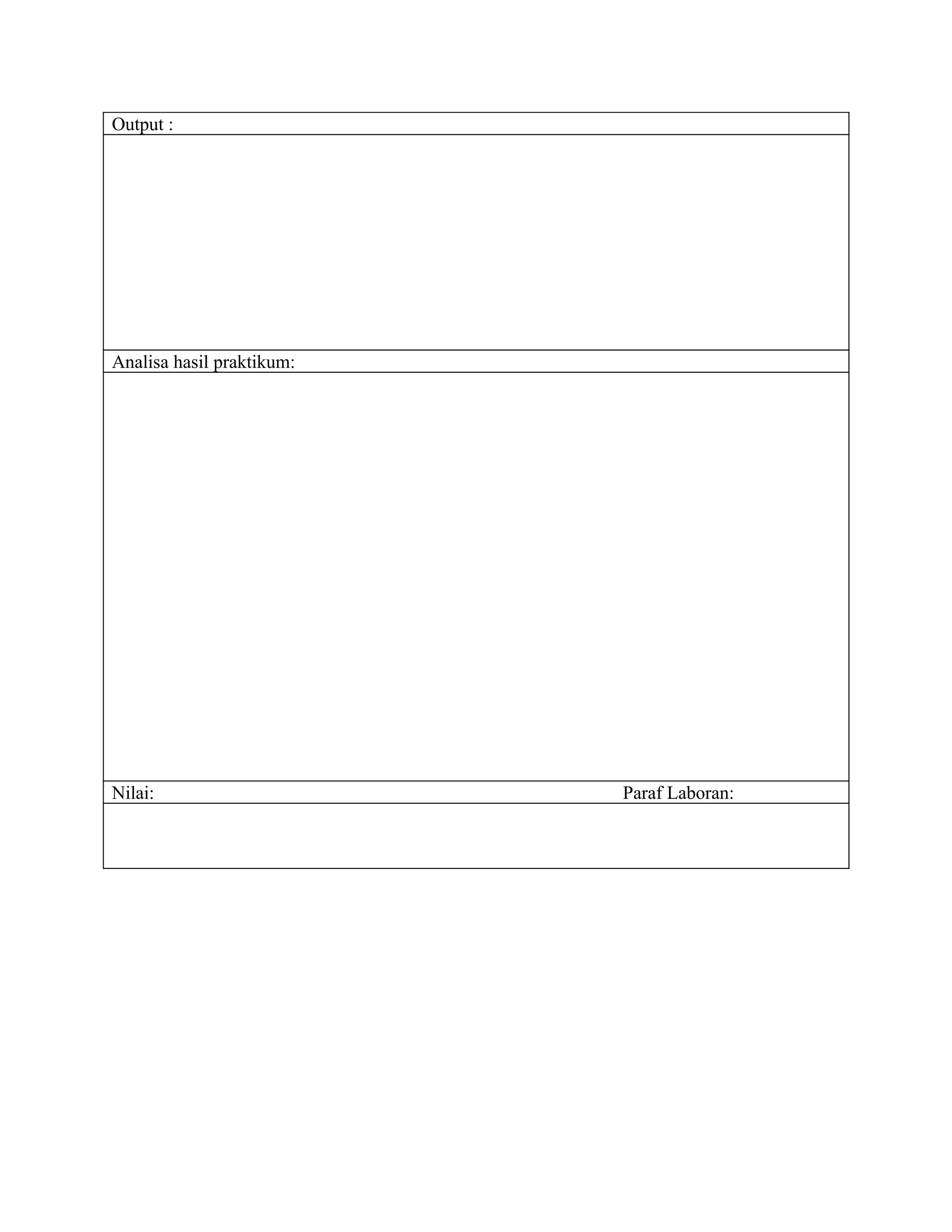 Output :




Analisa hasil praktikum:




Nilai:                     Paraf Laboran:
 