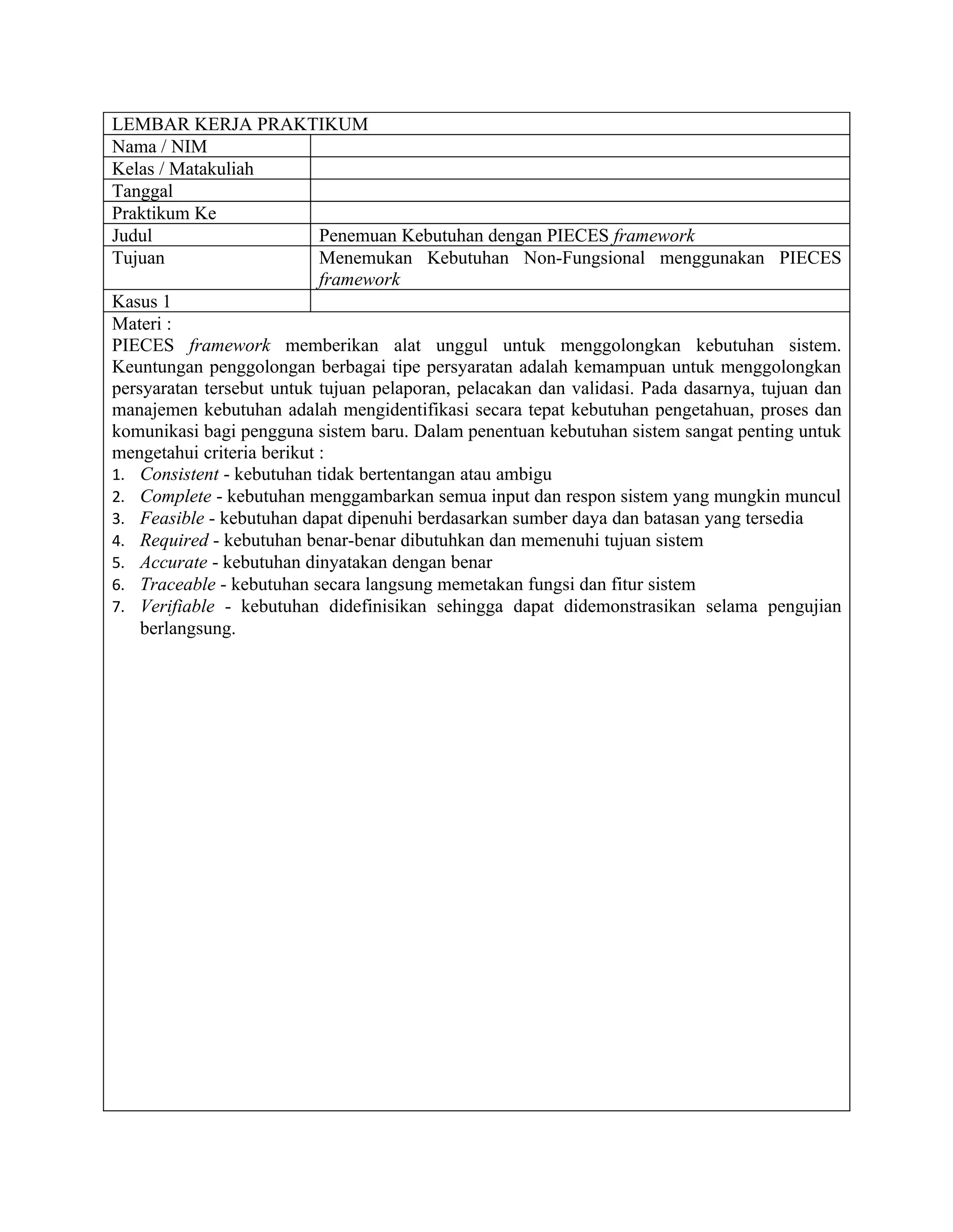 LEMBAR KERJA PRAKTIKUM
Nama / NIM
Kelas / Matakuliah
Tanggal
Praktikum Ke
Judul                       Penemuan Kebutuhan dengan PIECES framework
Tujuan                      Menemukan Kebutuhan Non-Fungsional menggunakan PIECES
                            framework
Kasus 1
Materi :
PIECES framework memberikan alat unggul untuk menggolongkan kebutuhan sistem.
Keuntungan penggolongan berbagai tipe persyaratan adalah kemampuan untuk menggolongkan
persyaratan tersebut untuk tujuan pelaporan, pelacakan dan validasi. Pada dasarnya, tujuan dan
manajemen kebutuhan adalah mengidentifikasi secara tepat kebutuhan pengetahuan, proses dan
komunikasi bagi pengguna sistem baru. Dalam penentuan kebutuhan sistem sangat penting untuk
mengetahui criteria berikut :
1. Consistent - kebutuhan tidak bertentangan atau ambigu
2. Complete - kebutuhan menggambarkan semua input dan respon sistem yang mungkin muncul
3. Feasible - kebutuhan dapat dipenuhi berdasarkan sumber daya dan batasan yang tersedia
4. Required - kebutuhan benar-benar dibutuhkan dan memenuhi tujuan sistem
5. Accurate - kebutuhan dinyatakan dengan benar
6. Traceable - kebutuhan secara langsung memetakan fungsi dan fitur sistem
7. Verifiable - kebutuhan didefinisikan sehingga dapat didemonstrasikan selama pengujian
    berlangsung.
 