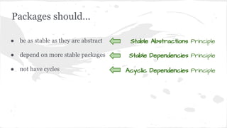 Packages should...
● be as stable as they are abstract
● depend on more stable packages
● not have cycles
Stable Abstractions Principle
Stable Dependencies Principle
Acyclic Dependencies Principle
 