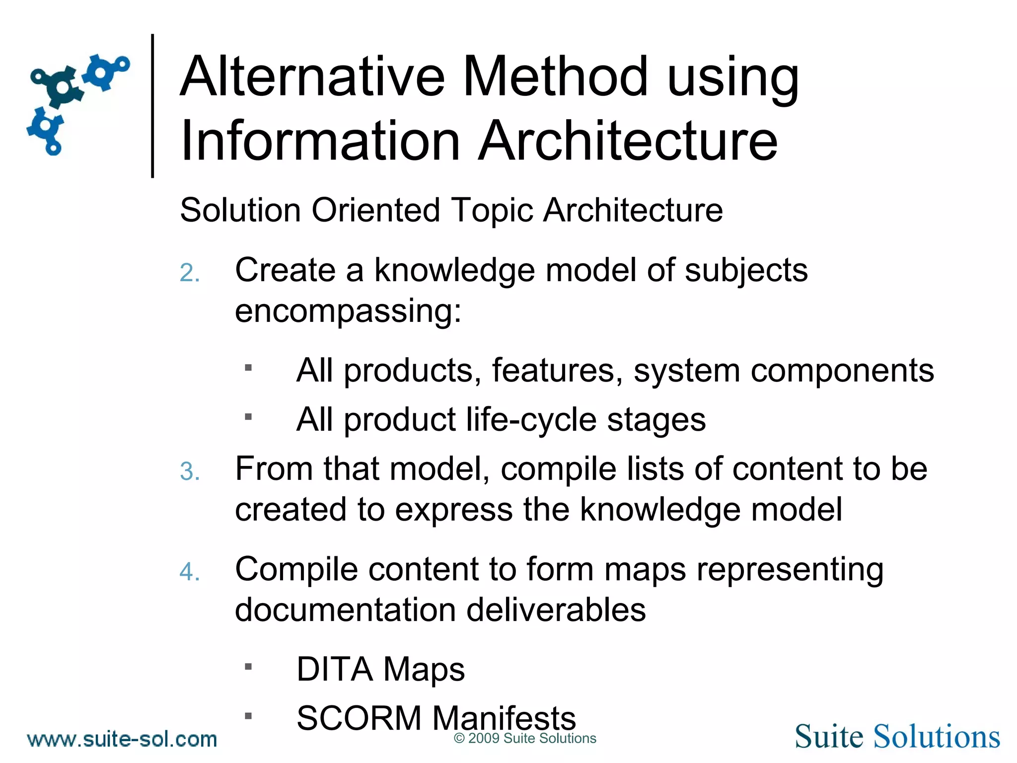 Alternative Method using Information Architecture Solution Oriented Topic Architecture Create a knowledge model of subjects encompassing: All products, features, system components All product life-cycle stages From that model, compile lists of content to be created to express the knowledge model Compile content to form maps representing documentation deliverables DITA Maps SCORM Manifests 