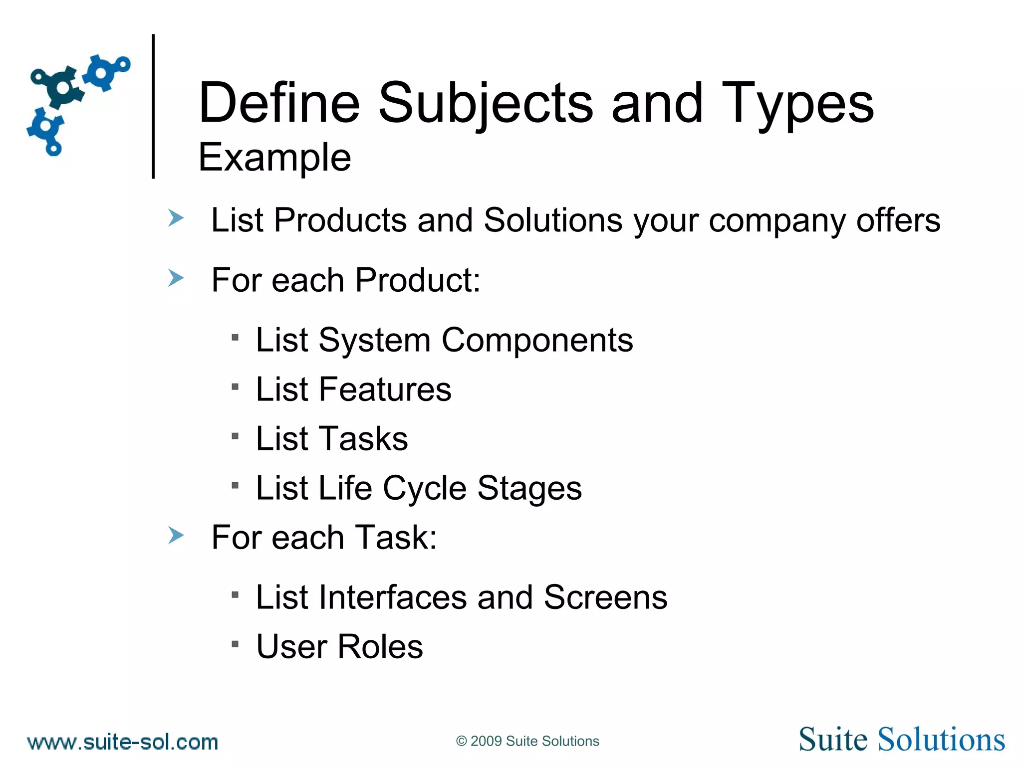 Define Subjects and Types Example List Products and Solutions your company offers For each Product: List System Components List Features List Tasks List Life Cycle Stages For each Task: List Interfaces and Screens User Roles 