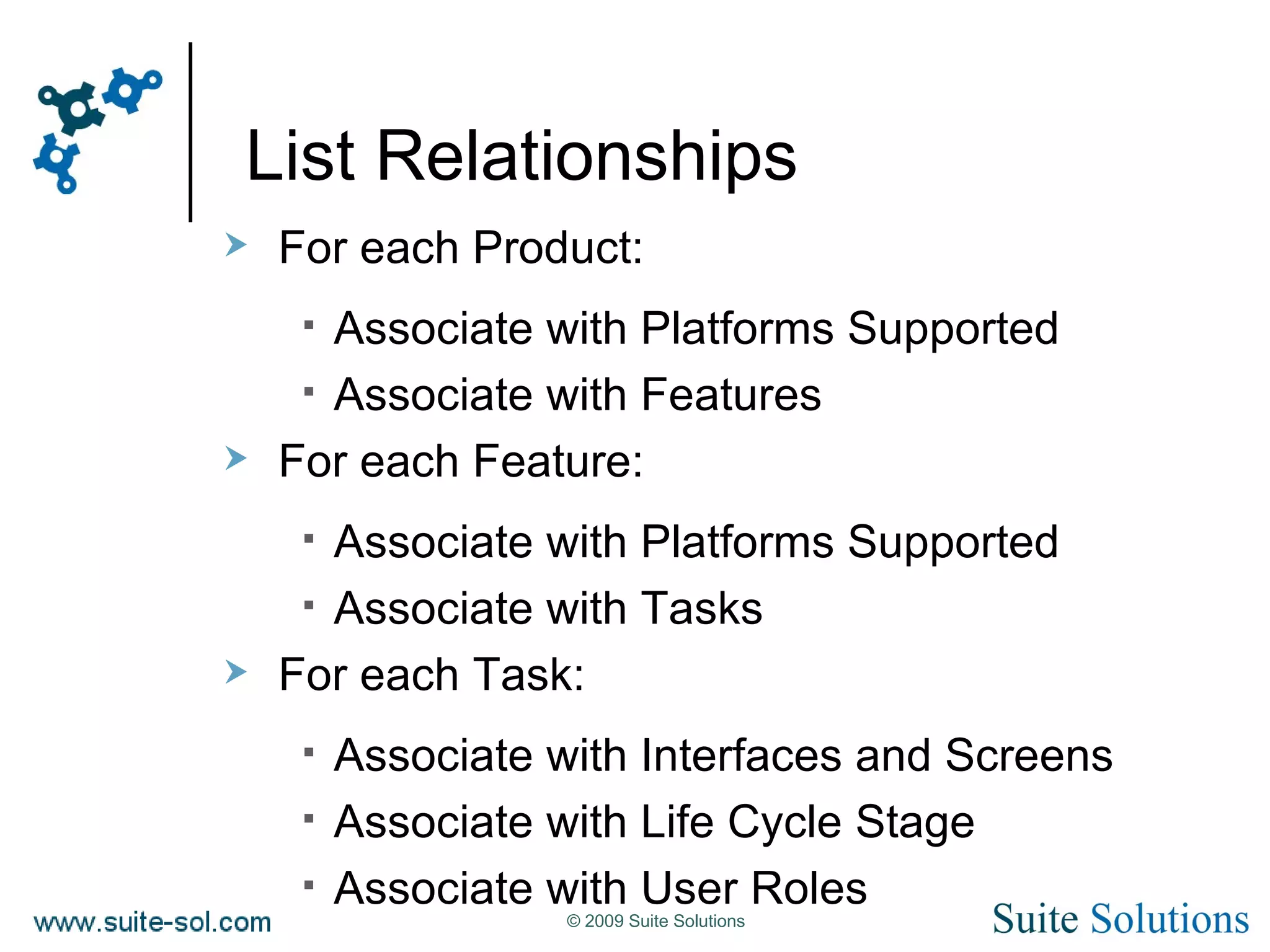 List Relationships For each Product: Associate with Platforms Supported Associate with Features For each Feature: Associate with Platforms Supported Associate with Tasks For each Task: Associate with Interfaces and Screens Associate with Life Cycle Stage Associate with User Roles 
