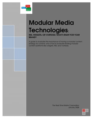 2008

Modular Media
Technologies:
RSS, WIDGETS, OR VORTEXES: WHAT’S RIGHT FOR YOUR
BRAND?

A guide to evaluate the importance of having a modular content
strategy for a brand, and a tool to evaluate leading modular
content platforms like widgets, RSS, and Vortexes.




                           The Real Time Matrix Corporation
                                              January 2008
