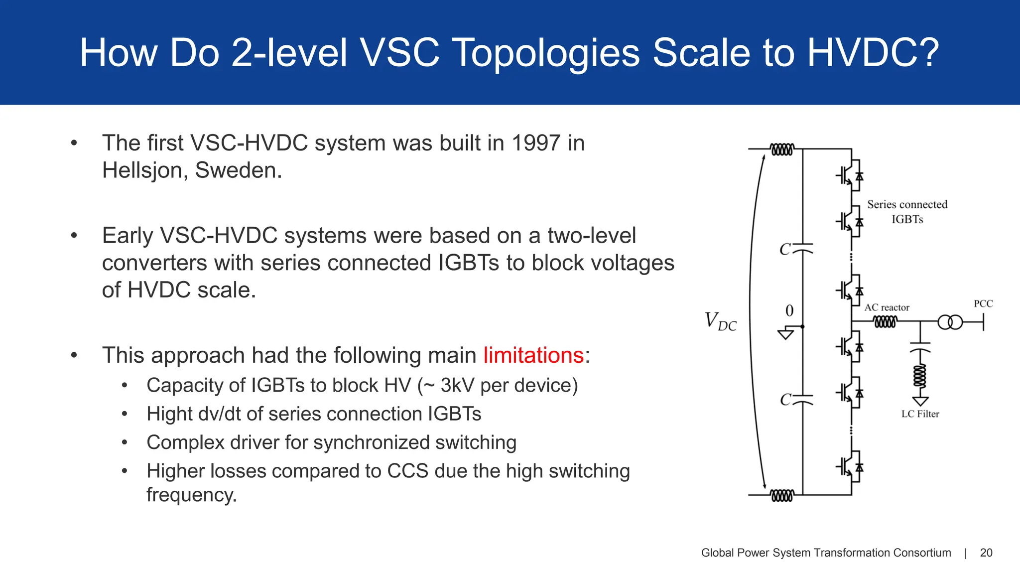 Global Power System Transformation Consortium | 20
How Do 2-level VSC Topologies Scale to HVDC?
• The first VSC-HVDC system was built in 1997 in
Hellsjon, Sweden.
• Early VSC-HVDC systems were based on a two-level
converters with series connected IGBTs to block voltages
of HVDC scale.
• This approach had the following main limitations:
• Capacity of IGBTs to block HV (~ 3kV per device)
• Hight dv/dt of series connection IGBTs
• Complex driver for synchronized switching
• Higher losses compared to CCS due the high switching
frequency.
 