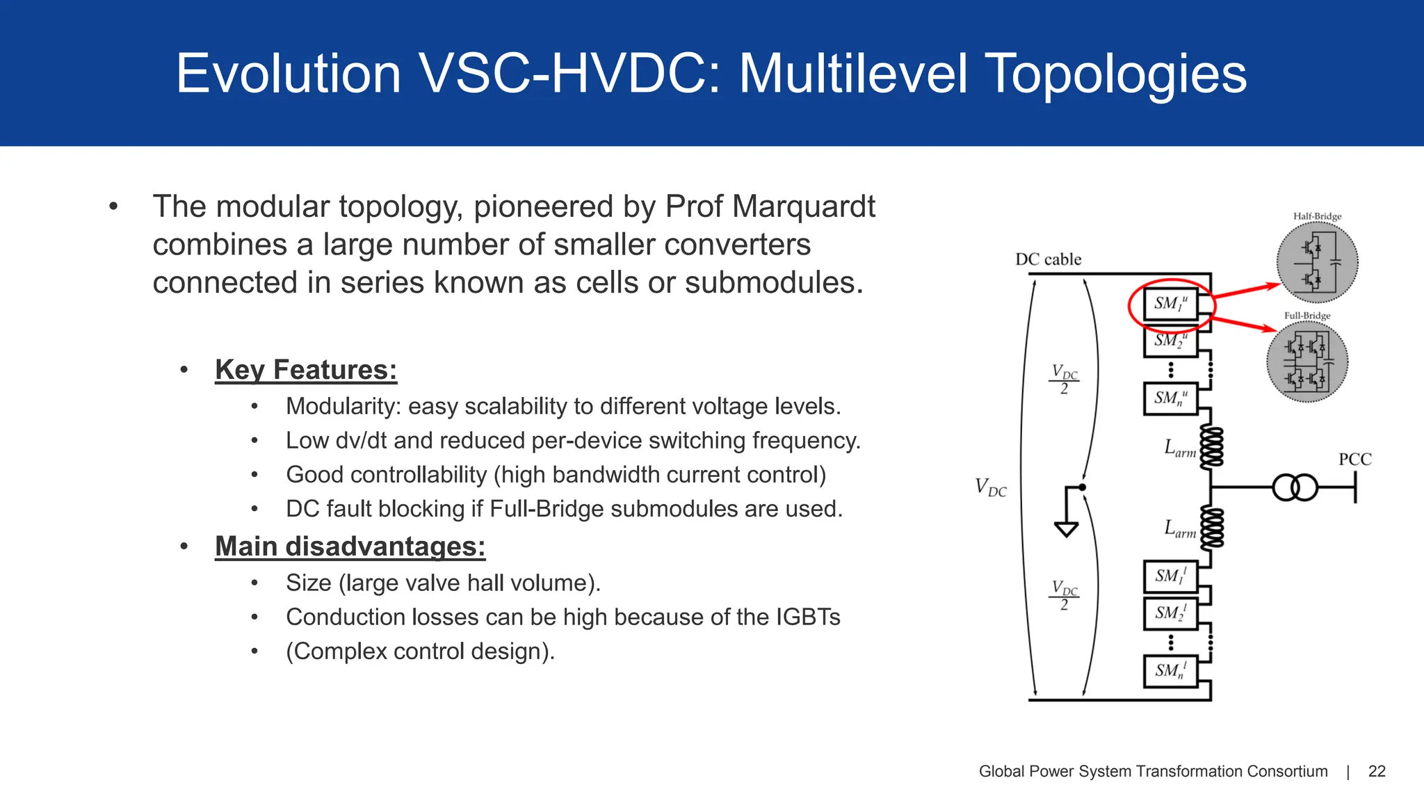Global Power System Transformation Consortium | 22
Evolution VSC-HVDC: Multilevel Topologies
• The modular topology, pioneered by Prof Marquardt
combines a large number of smaller converters
connected in series known as cells or submodules.
• Key Features:
• Modularity: easy scalability to different voltage levels.
• Low dv/dt and reduced per-device switching frequency.
• Good controllability (high bandwidth current control)
• DC fault blocking if Full-Bridge submodules are used.
• Main disadvantages:
• Size (large valve hall volume).
• Conduction losses can be high because of the IGBTs
• (Complex control design).
 