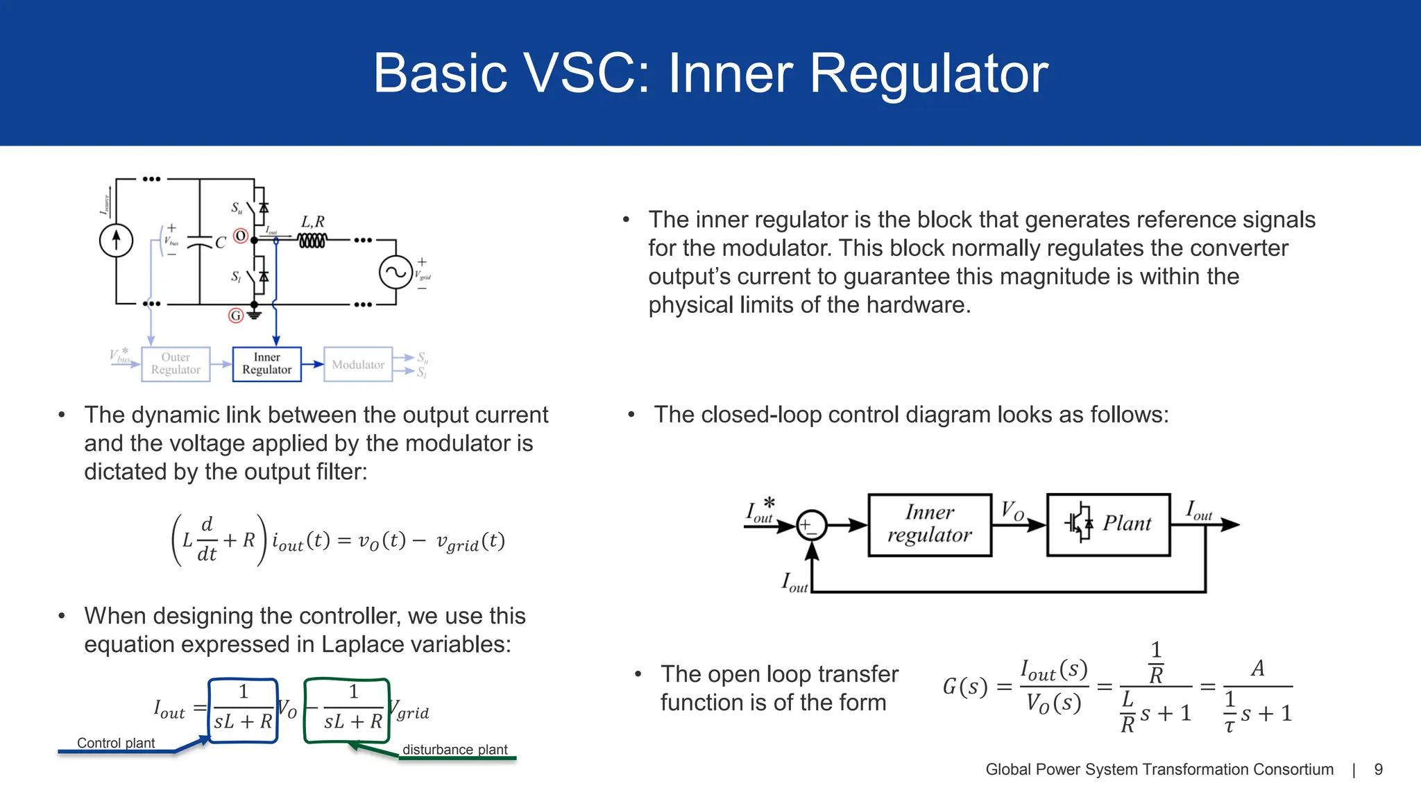 Global Power System Transformation Consortium | 9
Basic VSC: Inner Regulator
• The inner regulator is the block that generates reference signals
for the modulator. This block normally regulates the converter
output’s current to guarantee this magnitude is within the
physical limits of the hardware.
𝐿
𝑑
𝑑𝑡
+ 𝑅 𝑖𝑜𝑢𝑡 𝑡 = 𝑣𝑂 𝑡 − 𝑣𝑔𝑟𝑖𝑑(𝑡)
𝐼𝑜𝑢𝑡 =
1
𝑠𝐿 + 𝑅
𝑉𝑂 −
1
𝑠𝐿 + 𝑅
𝑉𝑔𝑟𝑖𝑑
Control plant disturbance plant
• The dynamic link between the output current
and the voltage applied by the modulator is
dictated by the output filter:
• When designing the controller, we use this
equation expressed in Laplace variables:
𝐺(𝑠) =
𝐼𝑜𝑢𝑡(𝑠)
𝑉𝑂(𝑠)
=
1
𝑅
𝐿
𝑅
𝑠 + 1
=
𝐴
1
𝜏
𝑠 + 1
• The open loop transfer
function is of the form
• The closed-loop control diagram looks as follows:
 