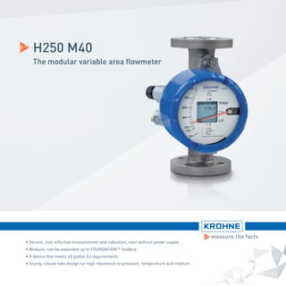 • Secure, cost-effective measurement and indication, even without power supply
• Modular, can be expanded up to FOUNDATIONTM
fieldbus
• A device that meets all global Ex requirements
• Sturdy, closed tube design for high resistance to pressure, temperature and medium
H250 M40
The modular variable area flowmeter
 