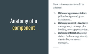 How this component could be
affected?
1. Different appearance (skin):
yellow background, green
background…
2. Different content (structure):
message only, message plus
heading, message plus action…
3. Different interaction: always
visible, flash message (toast),
dismissible, contextual
messages...
Anatomy of a
component
 
