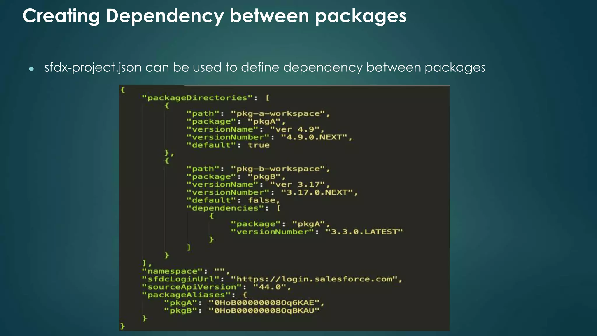 Creating Dependency between packages
● sfdx-project.json can be used to define dependency between packages
 