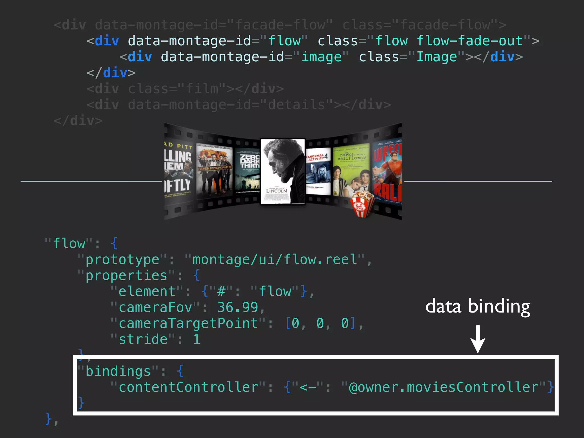 <div data-montage-id="facade-flow" class="facade-flow">
     <div data-montage-id="flow" class="flow flow-fade-out">
         <div data-montage-id="image" class="Image"></div>
     </div>
     <div class="film"></div>
     <div data-montage-id="details"></div>
 </div>




"flow": {
    "prototype": "montage/ui/flow.reel",
    "properties": {
        "element": {"#": "flow"},
        "cameraFov": 36.99,                   data binding
        "cameraTargetPoint": [0, 0, 0],
        "stride": 1
    },
    "bindings": {
        "contentController": {"<-": "@owner.moviesController"}
    }
},
 