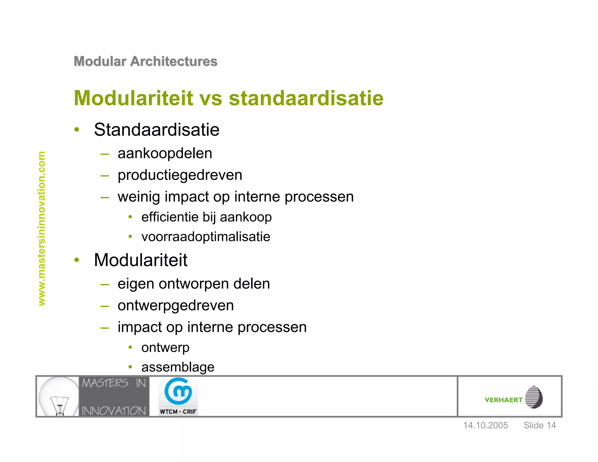 14.10.2005
Modular ArchitecturesModular Architectures
Slide 14
www.mastersininnovation.com
Modulariteit vs standaardisatie
• Standaardisatie
– aankoopdelen
– productiegedreven
– weinig impact op interne processen
• efficientie bij aankoop
• voorraadoptimalisatie
• Modulariteit
– eigen ontworpen delen
– ontwerpgedreven
– impact op interne processen
• ontwerp
• assemblage
 