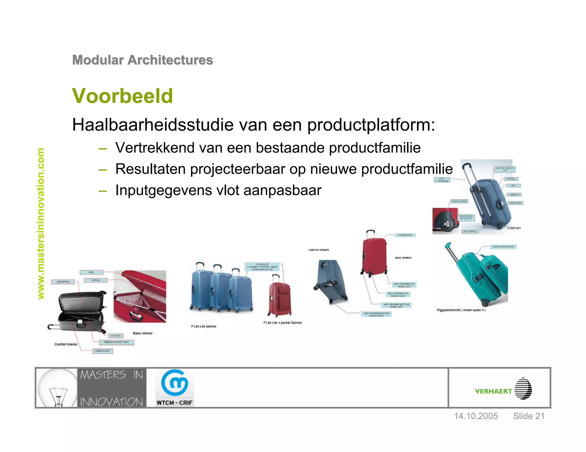 14.10.2005
Modular ArchitecturesModular Architectures
Slide 21
www.mastersininnovation.com
Voorbeeld
Haalbaarheidsstudie van een productplatform:
– Vertrekkend van een bestaande productfamilie
– Resultaten projecteerbaar op nieuwe productfamilie
– Inputgegevens vlot aanpasbaar
 
