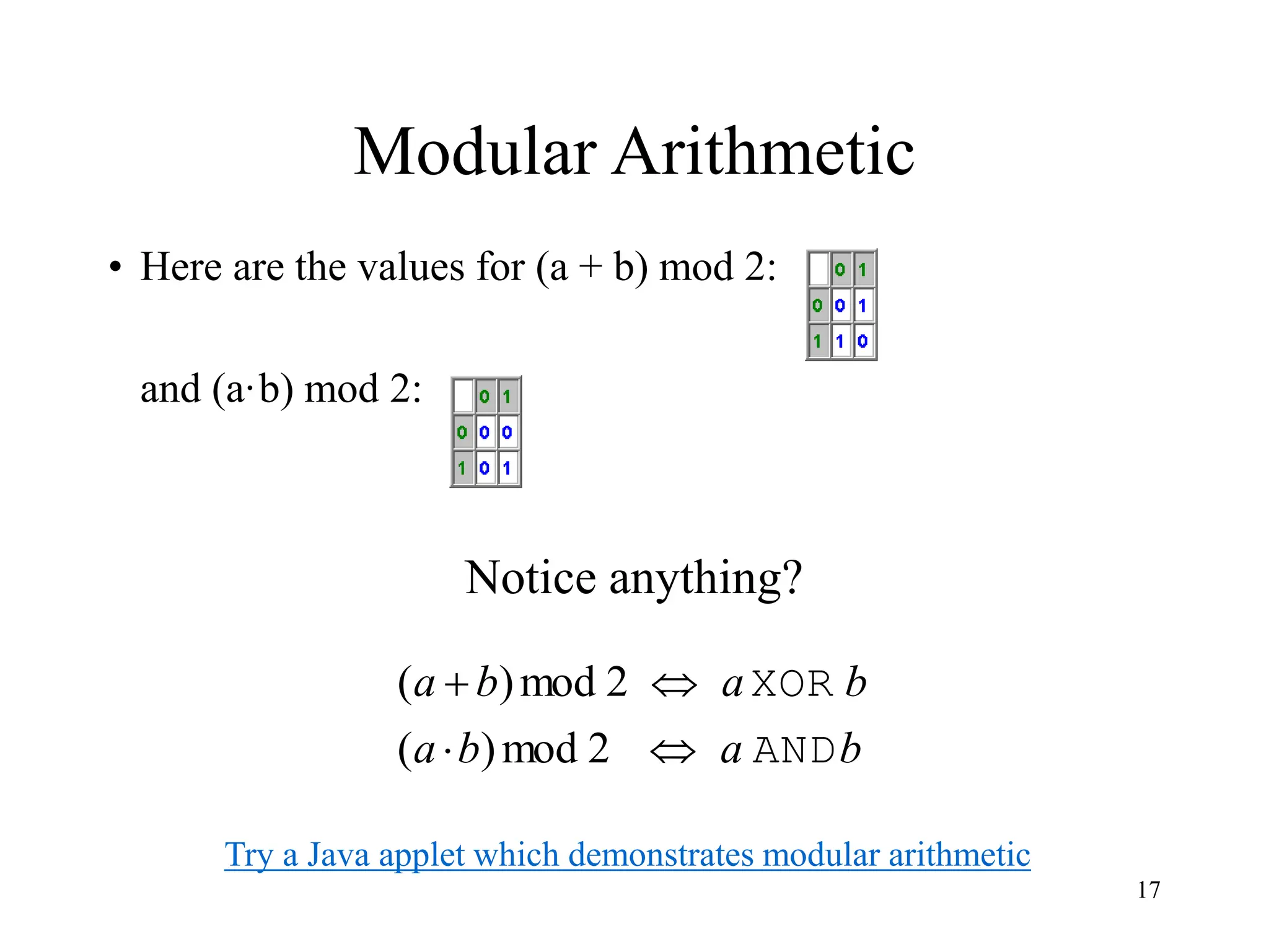 17
Modular Arithmetic
• Here are the values for (a + b) mod 2:
and (a·b) mod 2:
Notice anything?
b
a
b
a
b
a
b
a
2
mod
)
(
2
mod
)
(
AND
XOR




Try a Java applet which demonstrates modular arithmetic
 