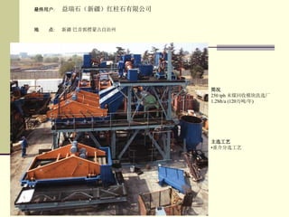 简况
250 tph 末煤回收模块洗选厂
1.2Mt/a (120万吨/年)
主选工艺
•重介分选工艺
最终用户: 益瑞石（新疆）红柱石有限公司
地 点: 新疆 巴音郭楞蒙古自治州
 