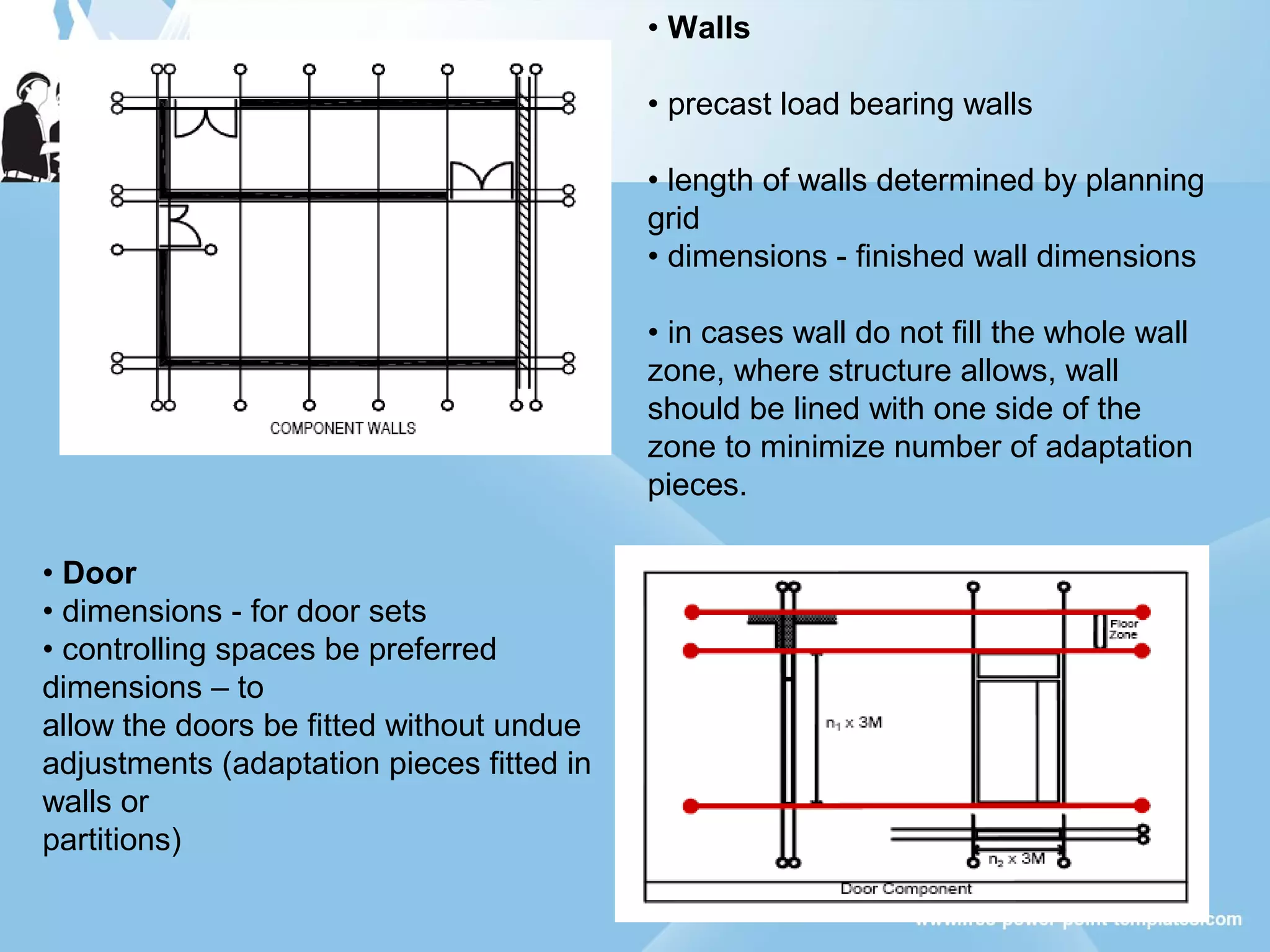 • Walls
• precast load bearing walls
• length of walls determined by planning
grid
• dimensions - finished wall dimensions
• in cases wall do not fill the whole wall
zone, where structure allows, wall
should be lined with one side of the
zone to minimize number of adaptation
pieces.
• Door
• dimensions - for door sets
• controlling spaces be preferred
dimensions – to
allow the doors be fitted without undue
adjustments (adaptation pieces fitted in
walls or
partitions)
 