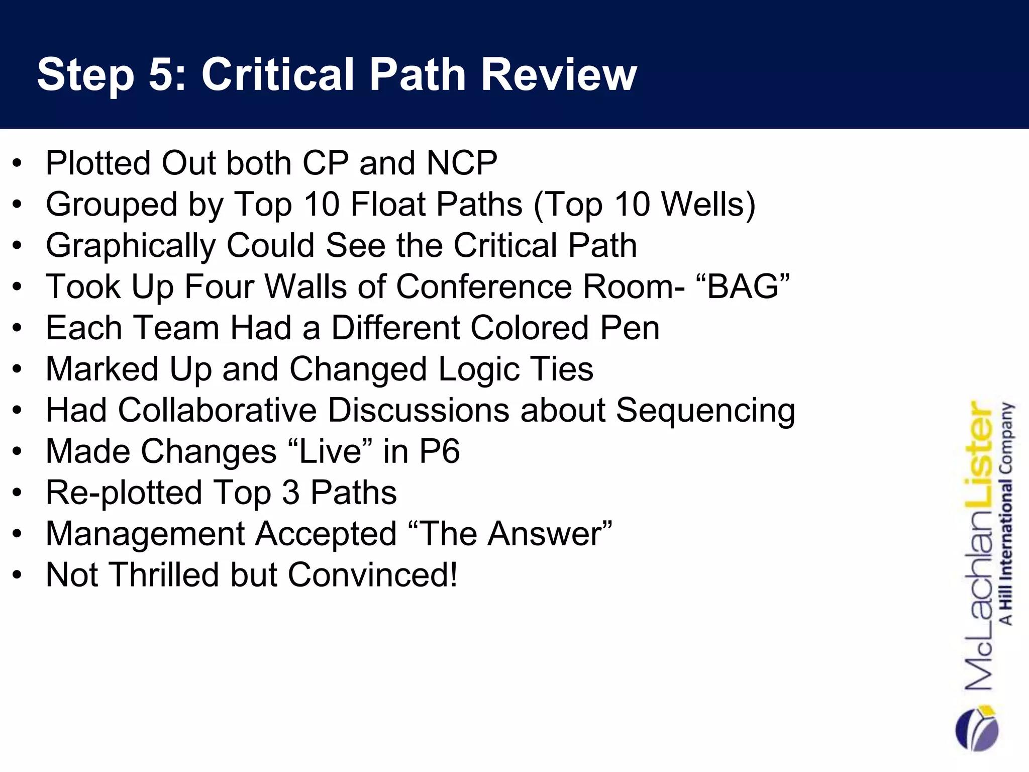Step 5: Critical Path Review
•   Plotted Out both CP and NCP
•   Grouped by Top 10 Float Paths (Top 10 Wells)
•   Graphically Could See the Critical Path
•   Took Up Four Walls of Conference Room- “BAG”
•   Each Team Had a Different Colored Pen
•   Marked Up and Changed Logic Ties
•   Had Collaborative Discussions about Sequencing
•   Made Changes “Live” in P6
•   Re-plotted Top 3 Paths
•   Management Accepted “The Answer”
•   Not Thrilled but Convinced!
 