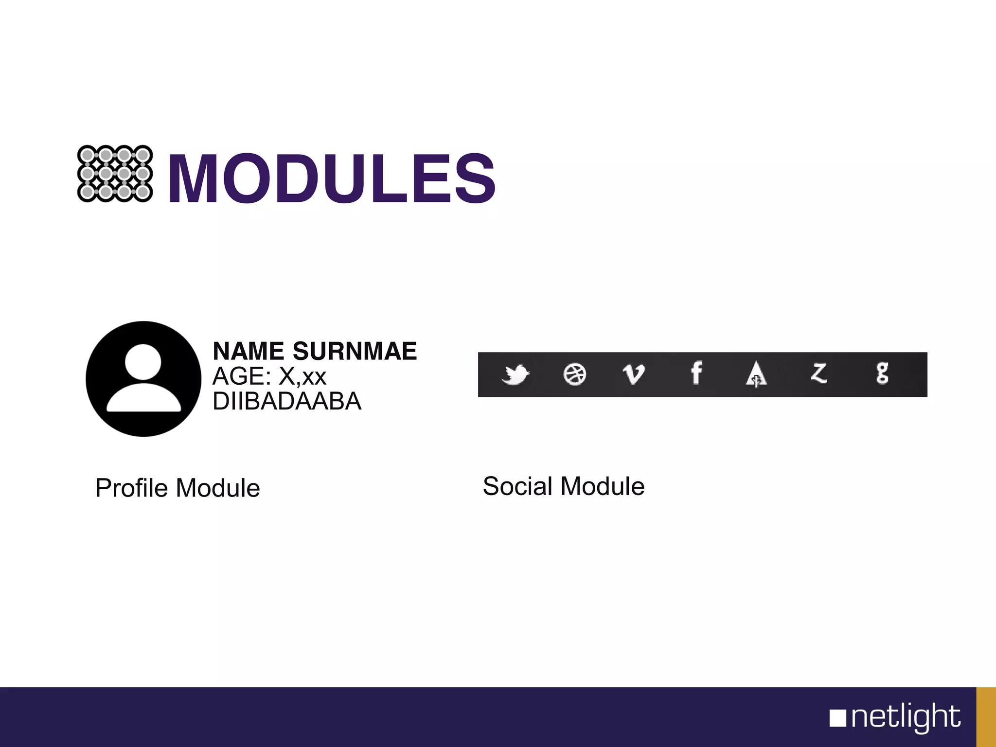 MODULES
NAME SURNMAE
AGE: X,xx
DIIBADAABA
Social ModuleProfile Module
 