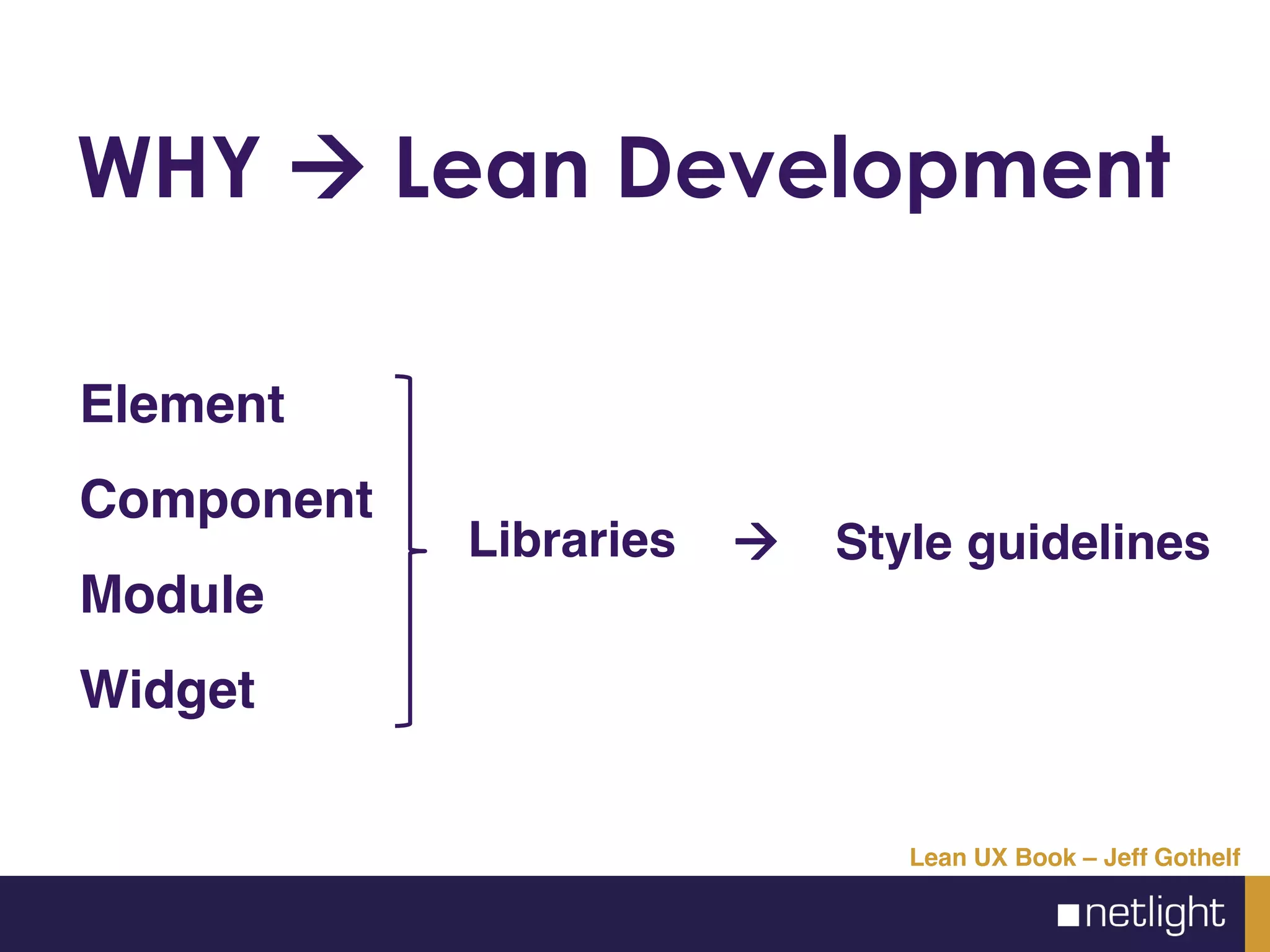 WHY Lean Development
Element
Component
Module
Widget
Lean UX Book – Jeff Gothelf
Libraries Style guidelines
 