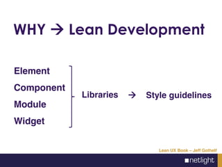 WHY Lean Development
Element
Component
Module
Widget
Lean UX Book – Jeff Gothelf
Libraries Style guidelines
 