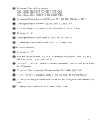 5
Conexão para Placa de Ramal Modulare:
Placa 1: Ramais 20 a 23 (CN8, CN13, CN17, CN24, CN27);
Placa 2: Ramais 24 a 27 (CN9, CN14, CN18, CN25, CN28);
Placa 3: Ramais 28 a 31 (CN10, CN15, CN19, CN26, CN29);
Conexão para Placa de Comunicação Modulare: CN1, CN4, CN5, CN7, CN11 e CN12;
Conexão para Placa de Atendedor Modulare: CN2, CN3, CN6 e CN16.
J1 - Jumper de Watch-Dog (mantenha-o sempre fechado); J2 - Jumper de Reset;
J3 - Jumper de +5V;
Conexão para Placa do Tronco (juntor) 3: CN20, CN30, CN32 e CN33;
Conexão para Placa do Tronco (juntor)4: CN21, CN31, CN34 e CN35;
J4 - Jumper de Bateria;
J5 - Jumper de +12V;
J6A e J6B: habilitam as linhas 1 e 2; J7A e J7B: inversão de polaridade das Linhas 1 e 2; J8A e
J8B: ajuste do sensor de ring das linhas 1 e 2;
LD2: piscando indica que o programa do PABX está funcionando normalmente; LD3: indica tensão
de +12V presente;
Conexão para Placa Identificador de Chamada Modulare: CN43, CN44, CN45, CN46;
J11A e J11B: Permite a recepção de dados na Placa Identificador de Chamada Modulare;
J12: Jumper para seleção da interface IP 600/IP 600 Plus para Instalação de Porteiro Eletrônico, ou
ramal 31;
Conexão para Placa de detecção de tom, CN 47, CN 48 e CN 49.
 