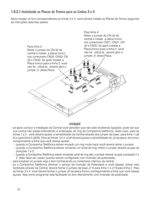 10
1.9.2.1 Instalando as Placas de Tronco para as Linhas 3 e 4
Após instalar os fios correspondentes as linhas 3 e 4, você deverá instalar as Placas de Tronco seguindo
as instruções descritas abaixo:
ATENÇÃO!
- se após concluir a instalação da Central você perceber que não está recebendo ligações, pode ser que
sua central não esteja entendendo a sinalização de ring da Companhia telefônica; neste caso, para as
linhas 1 e 2 , você deverá ajustar a sensibilidade da Central através dos jumper da base: para linha 1 (J8
A) e para linha 2 (J8 B). Para as linhas 3 e 4 você deverá ajustar a sensibilidade do J3 da placa de tronco
correpondente a linha que você deseja ajustar:
- quando a Companhia Telefônica estiver enviado um ring muito fraco você deverá retirar o jumper;
- quando a Companhia Telefônica estiver enviando um sinal de ring médio o jumper deverá ocupar as
posições 1 e 2;
- quando a Companhia Telefônica estiver enviando sinal de ring alto o jumper deverá ocupar a posição 2 e
3. (Não deve ser usado quando estiver configurado com inversão de polaridade).
- para localizar os jumper veja o item Conhecendo os conectores internos da central;
- se a Companhia Telefônica oferecer o serviço de Inversão de Polaridade e você desejar utilizar esta
facilidade através da Central, deverá fechar o jumper da base J7 A para linha 1 e J7 B para linha 2. Para
as linhas 3 e 4 você deverá fechar o jumper J2 da placa tronco correspondente a linha que você deseja
ajustar. Veja como programar esta facilidade no item Atendimento com Inversão de polaridade.
Para linha 3:
Retire o jumper do CN 32 da
central e instale a placa tronco
nos conectores CN20; CN30; CN
32 e CN33. Se após instalar a
Placa tronco para a linha 3 você
não for utilizá-la, deverá abrir o
jumper J1 desta Placa.
Para linha 4:
Retire o jumper do CN 34 da
central e instale a placa tronco
nos conectores CN21; CN31; CN
34 e CN35. Se após instalar a
Placa tronco para a linha 4 você
não for utilizá-la, deverá abrir o
jumper J1 desta Placa.
 
