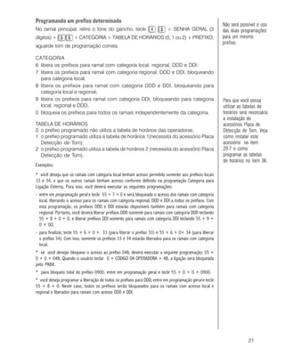 21
Programando um prefixo determinado
No ramal principal, retire o fone do gancho, tecle + SENHA GERAL (3
dígitos) + + CATEGORIA + TABELA DE HORÁRIOS (0, 1 ou 2) + PREFIXO,
aguarde tom de programação correta.
CATEGORIA
6 libera os prefixos para ramal com categoria local, regional, DDD e DDI;
7 libera os prefixos para ramal com categoria regional, DDD e DDI, bloqueando
para categoria local;
8 libera os prefixos para ramal com categoria DDD e DDI, bloqueando para
categoria local e regional;
9 libera os prefixos para ramal com categoria DDI, bloqueando para categoria
local, regional e DDD;
0 bloqueia os prefixos para todos os ramais independentemente da categoria.
TABELA DE HORÁRIOS
0 o prefixo programado não utiliza a tabela de horários das operadoras;
1 o prefixo programado utiliza a tabela de horários 1(necessita do acessório Placa
Detecção de Tom);
2 o prefixo programado utiliza a tabela de horários 2 (necessita do acessório Placa
Detecção de Tom).
Exemplos:
* você deseja que os ramais com categoria local tenham acesso permitido somente aos prefixos locais
33 e 34, e que os outros ramais tenham acesso conforme definido na programação Categoria para
Ligação Externa. Para isso, você deverá executar as seguintes programações:
- entre em programação geral e tecle 55 + 7 + 0 e será bloqueado o acesso dos ramais com categoria
local, liberando o acesso para os ramais com categoria regional, DDD e DDI a todos os prefixos. Com
esta programação, os prefixos DDD e DDI estarão disponíveis também para ramais com categoria
regional. Portanto, você deverá liberar prefixos DDD somente para ramais com categoria DDD teclando
55 + 8 + 0 + 0, e liberar prefixos DDI somente para ramais com categoria DDI teclando 55 + 9 +
0 + 00;
- para finalizar, tecle 55 + 6 + 0 + 33 (para liberar o prefixo 33) e 55 + 6 + 0+ 34 (para liberar
o prefixo 34). Com isso, somente os prefixos 33 e 34 estarão liberados para os ramais com categoria
local.
* se você desejar bloquear o acesso ao prefixo 048, deverá executar a seguinte programação: 55 +
0 + 0 + 048. Quando o usuário teclar 0 + CÓDIGO DA OPERADORA + 48, a ligação será bloqueada
pelo PABX.
* para bloqueio total do prefixo 0900, entre em programação geral e tecle 55 + 0 + 0 + 0900.
* você deseja programar a liberação de todos os prefixos para DDD, entre em programação geral e tecle
55 + 8 + 0. Neste caso, todos os prefixos serão bloqueados para os ramais com acesso local e
regional e liberados para ramais com acesso DDD e DDI.
Para que você possa
utilizar as tabelas de
horários será necessária
a instalação do
acessórios Placa de
Detecção de Tom, Veja
como instalar este
acessório no item
29.7 e como
programar as tabelas
de horários no item 36.
Não será possível o uso
das duas programações
para um mesmo
prefixo.
 