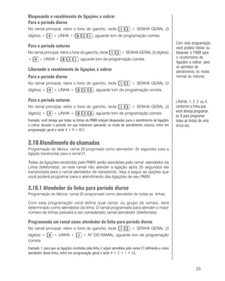 23
Bloqueando o recebimento de ligações a cobrar
Para o período diurno
No ramal principal, retire o fone do gancho, tecle + SENHA GERAL (3
dígitos) + + LINHA + , aguarde tom de programação correta.
Para o período noturno
No ramal principal, retire o fone do gancho, tecle + SENHA GERAL (3 dígitos)
+ + LINHA + , aguarde tom de programação correta.
Liberando o recebimento de ligações a cobrar
Para o período diurno
No ramal principal, retire o fone do gancho, tecle + SENHA GERAL (3
dígitos) + + LINHA + , aguarde tom de programação correta.
Para o período noturno
No ramal principal, retire o fone do gancho, tecle + SENHA GERAL (3
dígitos) + + LINHA + , aguarde tom de programação correta
Exemplo: você deseja que todas as linhas do PABX estejam bloqueadas para o atendimento de ligações
a cobrar durante o período em que estiverem operando no modo de atendimento noturno, entre em
programação geral e tecle 4 + 9 + 831.
2.10 Atendimento de chamadas
Programação de fábrica: ramal 20 progrmado como atendedor; 35 segundos para a
ligação transbordar para o ramal 21.
Todas as ligações recebidas pelo PABX serão atendidas pelo ramal atendedor da
Linha (telefonista); se este ramal não atender a ligação após 35 segundos ela
transbodará para o ramal atendedor de transbordo. Veja a seguir as opções que
você poderá programar para o atendimento das ligações de seu PABX
2.10.1 Atendedor da linha para período diurno
Programação de fábrica: ramal 20 programado como atendedor de todas as linhas.
Com esta programação você define qual ramal, ou grupo de ramais, será
determinado como atendedor da linha. O ramal programado para atender o maior
número de linhas passará a ser considerado ramal atendedor (telefonista).
Programando um ramal como atendedor da linha para período diurno
No ramal principal, retire o fone do gancho, tecle + SENHA GERAL (3
dígitos) + + LINHA + + NO
DO RAMAL, aguarde tom de programação
correta.
Exemplo 1: para que as ligações recebidas pela linha 2 sejam atendidas pelo ramal 23 definindo-o como
atendedor desta linha, entre em programação geral e tecle 4 + 2 + 1 + 23.
LINHA: 1, 2, 3 ou 4,
conforme a linha que
você deseja programar,
ou 9 para programar
todas as linhas de uma
única vez.
Com esta programação
você poderá liberar ou
bloquear o PABX para
o recebimento de
ligações a cobrar, para
os períodos de
atendimento no modo
normal ou noturno.
 