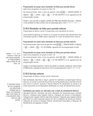 24
Programando um grupo como atendedor da linha para período diurno
(veja como programar um grupo no item 15)
No ramal principal, retire o fone do gancho, tecle + SENHA GERAL (3
dígitos) + + LINHA + + + NO
DO GRUPO (1 a 4), aguarde tom de
programação correta.
Exemplo 2: para que todas as ligações recebidas pelo PABX sejam atendidas pelo grupo 1, definindo-
o como atendedor de todas as linhas, entre em programação geral e tecle 4 + 9 + 1 + 6 + 1.
2.10.2 Atendedor da linha para período noturno
Programação de fábrica: ramal 21 programado como atendedor de noturno.
Você poderá programar um ramal ou um grupo de ramais para atendimento das
chamadas quando o PABX estiver operando no modo de atendimento noturno.
Programando um ramal como atendedor da linha para período noturno
No ramal principal, retire o fone do gancho, tecle + SENHA GERAL (3 dígitos)
+ + LINHA + + NO
DO RAMAL, aguarde tom de programação correta.
Programando um grupo como atendedor da linha para período noturno
(veja como programar um grupo no item 15)
No ramal principal, retire o fone do gancho, tecle + SENHA GERAL (3
dígitos) + + LINHA + + + NO
DO GRUPO (1 a 4), aguarde tom de
programação correta.
Exemplo: se você deseja programar o ramal 22 para atender as chamadas recebidas por todas as linhas
do PABX durante a operação em modo noturno, entre em programação geral e tecle 4 + 9 + 3 + 22.
2.10.3 Serviço noturno
Programação de fábrica: serviço noturno desativado.
Nas facilidades descritas a seguir, quando for realizada a programação Serviço
Noturno, os ramais e as linhas assumirão as configurações para o período noturno
e/ou diurno e noturno. Quando o Serviço Noturno for desativado os ramais e as
linhas assumirão as configurações destinadas ao modo de atendimento diurno.
Facilidades que podem ser alteradas com o modo de atendimento Noturno
Atendedor Noturno; Atendedor da Linha; Atendedor de Transbordo para o período
Noturno; Categoria para Ligação Externa; Categoria de Acesso à Intercalação;
Categoria para Ligação Externa pela Rota Especial; Categoria para Ligação Externa
pela Rota 0 ou rotas especiais através da rota 0; Categoria de Acesso ao Porteiro;
Categoria de Acesso a Atuação Externa; Atendimento Automático e Bloqueio de
Recebimento de Ligações a Cobrar.
É importante lembrar
que ao se programar
uma determinada
facilidade para os
ramais, será necessário
saber como deverá ser
o funcionamento desse
ramal em cada
período.
LINHA: 1, 2, 3 ou 4,
conforme a linha que
você deseja programar,
ou 9 para programar
todas as linhas de uma
única vez.
 