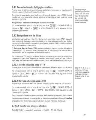 27
2.11 Reconhecimento de ligação recebida
Programação de fábrica: número de toques igual a zero, neste caso, as ligações serão
encaminhadas imediatamente para a telefonista.
Com esta programação você define o número de toques que o PABX deverá
receber de uma chamada externa antes de encaminhá-la para tocar no ramal
atendedor da linha.
Programando o reconhecimento de chamada recebida
No ramal principal, retire o fone do gancho, tecle + SENHA GERAL (3
dígitos) + + LINHA + + NO
DE TOQUES (0 a 1), aguarde tom de
programação correta.
2.12 Temporizar tom de disco
Você poderá programar o tempo máximo (em segundos) que o PABX aguarda
para o início da discagem antes de realizar uma chamada externa (tempo de tom
de disco). Você pode definir também que após este tempo o PABX poderá considerar
a ligação atendida ou derrubá-la.
O TTTTTempo de Tempo de Tempo de Tempo de Tempo de Tom de Disco (Tom de Disco (Tom de Disco (Tom de Disco (Tom de Disco (TTD)TD)TD)TD)TD) será equivalente a 5 vezes o valor utilizado na
programação; por exemplo, se você programar 10 como tempo de tom de disco,
isto resultará em 50 segundos de tempo de espera.
Em locais onde TTD demora a chegar, deve-se primeiramente medi-lo e em seguida
programá-lo com valor superior ao medido; este tempo começa a ser contado
logo após ser acessada a linha externa e enquanto não for teclado nenhum dígito.
2.12.1 Atende a ligação após o TTD
Programação de fábrica: 07 (35 segundos) para atender a ligação após o tom de disco.
No ramal principal, retire o fone do gancho, tecle + SENHA GERAL (3
dígitos) + + LINHA + + TEMPO - 06 a 90 (30 a 450), aguarde tom de
programação correta.
2.12.2 Derruba a ligação após o TTD
Programação de fábrica: PABX não derruba a ligação após o tempo de tom de disco.
No ramal principal, retire o fone do gancho, tecle + SENHA GERAL (3
dígitos) + + LINHA + + TEMPO - 06 a 90 (30 a 450), aguarde tom de
programação correta.
Se ao acessar linha externa, eventualmente, você atender uma ligação, é importante
que esteja atento a esta programação, se ela estiver ativada você deverá transferirtransferirtransferirtransferirtransferir
a ligação antes do tempo programado para que ela não seja derrubada.
2.12.2.1 Transferindo a ligação atendida
Tecle , aguarde 7 segundos + FLASH + Nº DO RAMAL.
LINHA: 1, 2, 3 ou 4,
conforme a linha que
você deseja programar,
ou 9 para programar
todas as linhas de uma
única vez.
Esta programação
permite que chamadas
falsas, com um único
toque de campainha,
por exemplo, não
sejam encaminhadas
para a telefonista.
 
