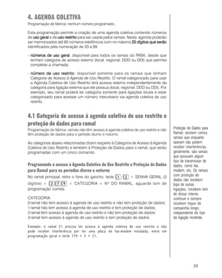 29
4. AGENDA COLETIVA
Programação de fábrica: nenhum número programado.
Esta programação permite a criação de uma agenda coletiva contendo números
de uso geraluso geraluso geraluso geraluso geral e de uso restritouso restritouso restritouso restritouso restrito para ser usada pelos ramais. Nesta agenda poderão
ser memorizados até 80 números telefônicos com no máximo 20 dígitos que serão20 dígitos que serão20 dígitos que serão20 dígitos que serão20 dígitos que serão
identificados pela numeração de 20 a 99.
- números de uso geralnúmeros de uso geralnúmeros de uso geralnúmeros de uso geralnúmeros de uso geral: disponível para todos os ramais do PABX, desde que
tenham categoria de acesso externo (local, regional, DDD ou DDI) que permita
completar a chamada.
- número de uso restritonúmero de uso restritonúmero de uso restritonúmero de uso restritonúmero de uso restrito: disponível somente para os ramais que tenham
Categoria de Acesso à Agenda de Uso Restrito. O ramal categorizado para usar
a Agenda Coletiva de Uso Restrito terá acesso externo independentemente da
categoria para ligação externa que ele possua (local, regional, DDD ou DDI). Por
exemplo, seu ramal poderá ter categoria somente para ligações locais e estar
categorizado para acessar um número interurbano via agenda coletiva de uso
restrito.
4.1 Categoria de acesso à agenda coletiva de uso restrito e
proteção de dados para ramal
Programação de fábrica: ramais não têm acesso à agenda coletiva de uso restrito e não
têm proteção de dados para o período diurno e noturno.
As categorias abaixo relacionadas dizem respeito à Categoria de Acesso à Agenda
Coletiva de Uso Restrito e também à Proteção de Dados para o ramal, que serão
programadas com um único comando.
Programando o acesso à Agenda Coletiva de Uso Restrito e Proteção de Dados
para Ramal para os períodos diurno e noturno
No ramal principal, retire o fone do gancho, tecle + SENHA GERAL (3
dígitos) + + CATEGORIA + NO
DO RAMAL, aguarde tom de
programação correta.
CATEGORIA
0 ramal não tem acesso à agenda de uso restrito e não tem proteção de dados;
1 ramal não tem acesso à agenda de uso restrito e tem proteção de dados;
2 ramal tem acesso à agenda de uso restrito e não tem proteção de dados;
3 ramal tem acesso à agenda de uso restrito e tem proteção de dados.
Exemplo: o ramal 21 precisa ter acesso à agenda coletiva de uso restrito e não
pode receber interferência por ter uma placa de fax-modem instalada, entre em
programação geral e tecle 379 + 3 + 21.
Proteção de Dados para
Ramal::::: existem certos
ramais que enquanto
operam não podem
receber interferências,
geralmente, são ramais
que possuem algum
tipo de transmissor de
dados, como fax,
modem, etc. Os ramais
com proteção de
dados não recebem
bips de outras
ligações, recebem tom
de discar interno
contínuo e sempre
recebem toque de
campainha longo,
independente do tipo
da ligação recebida.
 