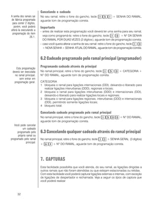 32
Cancelando o cadeado
No seu ramal, retire o fone do gancho, tecle + SENHA DO RAMAL,
aguarde tom de programação correta.
Importante
- antes de realizar esta programação você deverá ter uma senha para seu ramal,
veja como programá-la: retire o fone do gancho, tecle + Nº DA SENHA
DO RAMAL POR DUAS VEZES (2 dígitos), aguarde tom de programação correta.
- caso você queira alterar a senha de seu ramal: retire o fone do gancho, tecle
+ NOVASENHA+ SENHA ATUALDORAMAL,aguardetomdeprogramaçãocorreta.
6.2 Cadeado programado pelo ramal principal (programador)
Programando cadeado através do principal
No ramal principal, retire o fone do gancho, tecle + CATEGORIA +
NO
DO RAMAL, aguarde tom de programação correta.
CATEGORIA
1 bloqueia o ramal para ligações internacionais (DDI), deixando-o liberado para
realizar ligações interurbanas (DDD), regionais e locais;
2 bloqueia o ramal para ligações interurbanas (DDD) e internacionais (DDI),
deixando-o liberado para realizar ligações locais e regionais;
3 bloqueia o ramal para ligações regionais, interurbanas (DDD) e internacionais
(DDI), permitindo somente ligações locais;
4 bloqueio total.
Cancelando cadeado programado pelo ramal principal
No ramal principal, retire o fone do gancho, tecle + NO
DO RAMAL,
aguarde tom de programação correta.
6.3 Cancelando qualquer cadeado através do ramal principal
No ramal principal, retire o fone do gancho, tecle + SENHA GERAL (3 dígitos)
+ + NO
DO RAMAL, aguarde tom de programação correta.
7. CAPTURAS
Esta facilidade possibilita que você atenda, do seu ramal, as ligações dirigidas a
outros ramais que não foram atendidas ou que estejam estacionadas ou retidas.
Com esta facilidade você poderá capturar ligações externas e internas, com exceção
de ligações de despertador e rechamada. Veja a seguir os tipos de captura que
você poderá realizar.
A senha dos ramais sai
de fábrica programada
para conter 2 dígitos,
porém, você poderá
alterá-la executando a
programação do item
26.1.
Esta programação
deverá ser executada
no ramal principal,
sem entrar em
programação geral.
Você pode cancelar
um cadeado
programado pelo
próprio ramal ou
programado pelo ramal
principal.
 