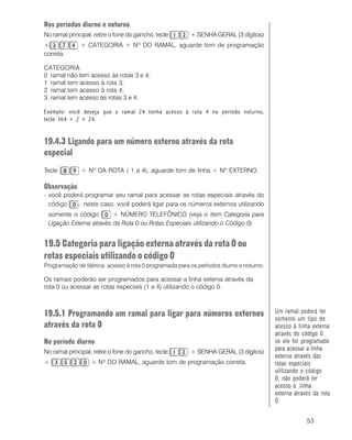 53
Nos períodos diurno e noturno
No ramal principal, retire o fone do gancho, tecle + SENHA GERAL (3 dígitos)
+ + CATEGORIA + Nº DO RAMAL, aguarde tom de programação
correta.
CATEGORIA
0 ramal não tem acesso às rotas 3 e 4;
1 ramal tem acesso à rota 3;
2 ramal tem acesso à rota 4;
3 ramal tem acesso às rotas 3 e 4.
Exemplo: você deseja que o ramal 24 tenha acesso à rota 4 no período noturno,
tecle 364 + 2 + 24.
19.4.3 Ligando para um número externo através da rota
especial
Tecle + Nº DA ROTA ( 1 a 4), aguarde tom de linha + Nº EXTERNO.
Observação
- você poderá programar seu ramal para acessar as rotas especiais através do
código , neste caso, você poderá ligar para os números externos utilizando
somente o código + NÚMERO TELEFÔNICO (veja o item Categoria para
Ligação Externa através da Rota 0 ou Rotas Especiais utilizando o Código 0)
19.5 Categoria para ligação externa através da rota 0 ou
rotas especiais utilizando o código 0
Programação de fábrica: acesso à rota 0 programada para os períodos diurno e noturno.
Os ramais poderão ser programados para acessar a linha externa através da
rota 0 ou acessar as rotas especiais (1 a 4) utilizando o código 0.
19.5.1 Programando um ramal para ligar para números externos
através da rota 0
No período diurno
No ramal principal, retire o fone do gancho, tecle + SENHA GERAL (3 dígitos)
+ + Nº DO RAMAL, aguarde tom de programação correta.
Um ramal poderá ter
somente um tipo de
acesso à linha externa
através do código 0,
se ele for programado
para acessar a linha
externa através das
rotas especiais
utilizando o código
0, não poderá ter
acesso à linha
externa através da rota
0.
 