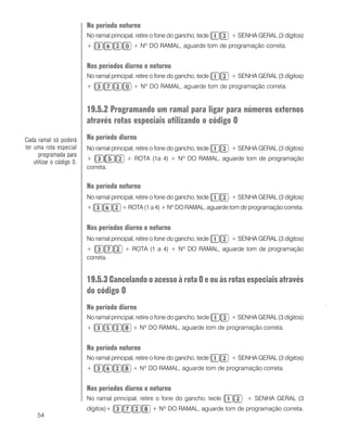 54
.
No período noturno
No ramal principal, retire o fone do gancho, tecle + SENHA GERAL (3 dígitos)
+ + Nº DO RAMAL, aguarde tom de programação correta.
Nos períodos diurno e noturno
No ramal principal, retire o fone do gancho, tecle + SENHA GERAL (3 dígitos)
+ + Nº DO RAMAL, aguarde tom de programação correta.
19.5.2 Programando um ramal para ligar para números externos
através rotas especiais utilizando o código 0
No período diurno
No ramal principal, retire o fone do gancho, tecle + SENHA GERAL (3 dígitos)
+ + ROTA (1a 4) + Nº DO RAMAL, aguarde tom de programação
correta.
No período noturno
No ramal principal, retire o fone do gancho, tecle + SENHA GERAL (3 dígitos)
+ + ROTA (1 a 4) + Nº DO RAMAL, aguarde tom de programação correta.
Nos períodos diurno e noturno
No ramal principal, retire o fone do gancho, tecle + SENHA GERAL (3 dígitos)
+ + ROTA (1 a 4) + Nº DO RAMAL, aguarde tom de programação
correta.
19.5.3 Cancelando o acesso à rota 0 e ou às rotas especiais através
do código 0
No período diurno
No ramal principal, retire o fone do gancho, tecle + SENHA GERAL (3 dígitos)
+ + Nº DO RAMAL, aguarde tom de programação correta.
No período noturno
No ramal principal, retire o fone do gancho, tecle + SENHA GERAL (3 dígitos)
+ + Nº DO RAMAL, aguarde tom de programação correta.
Nos períodos diurno e noturno
No ramal principal, retire o fone do gancho, tecle + SENHA GERAL (3
dígitos)+ + Nº DO RAMAL, aguarde tom de programação correta.
Cada ramal só poderá
ter uma rota especial
programada para
utilizar o código 0.
 