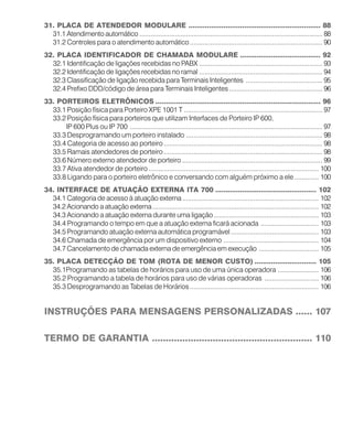 31. PLACA DE ATENDEDOR MODULARE ................................................................ 88
31.1 Atendimento automático .................................................................................................. 88
31.2 Controles para o atendimento automático....................................................................... 90
32. PLACA IDENTIFICADOR DE CHAMADA MODULARE ....................................... 92
32.1 Identificação de ligações recebidas no PABX .................................................................. 93
32.2 Identificação de ligações recebidas no ramal .................................................................. 94
32.3 Classificação de ligação recebida para Terminais Inteligentes ......................................... 95
32.4 Prefixo DDD/código de área para Terminais Inteligentes.................................................. 96
33. PORTEIROS ELETRÔNICOS ................................................................................ 96
33.1 Posição física para Porteiro XPE 1001 T .......................................................................... 97
33.2 Posição física para porteiros que utilizam Interfaces de Porteiro IP 600,
IP 600 Plus ou IP 700 ....................................................................................................... 97
33.3 Desprogramando um porteiro instalado ......................................................................... 98
33.4 Categoria de acesso ao porteiro..................................................................................... 98
33.5 Ramais atendedores de porteiro..................................................................................... 98
33.6 Número externo atendedor de porteiro ........................................................................... 99
33.7 Ativa atendedor de porteiro ........................................................................................... 100
33.8 Ligando para o porteiro eletrônico e conversando com alguém próximo a ele............. 100
34. INTERFACE DE ATUAÇÃO EXTERNA ITA 700 ................................................. 102
34.1 Categoria de acesso à atuação externa......................................................................... 102
34.2 Acionando a atuação externa......................................................................................... 102
34.3 Acionando a atuação externa durante uma ligação ........................................................ 103
34.4 Programando o tempo em que a atuação externa ficará acionada ............................... 103
34.5 Programando atuação externa automática programável............................................... 103
34.6 Chamada de emergência por um dispositivo externo ................................................... 104
34.7 Cancelamento de chamada externa de emergência em execução ................................ 105
35. PLACA DETECÇÃO DE TOM (ROTA DE MENOR CUSTO) .............................. 105
35.1Programando as tabelas de horários para uso de uma única operadora ...................... 106
35.2 Programando a tabela de horários para uso de várias operadoras ............................. 106
35.3 Desprogramando as Tabelas de Horários..................................................................... 106
INSTRUÇÕES PARA MENSAGENS PERSONALIZADAS ...... 107
TERMO DE GARANTIA .......................................................... 110
 
