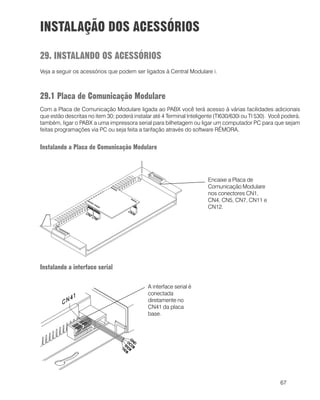 67
INSTALAÇÃO DOS ACESSÓRIOS
29. INSTALANDO OS ACESSÓRIOS
Veja a seguir os acessórios que podem ser ligados à Central Modulare i.
29.1 Placa de Comunicação Modulare
Com a Placa de Comunicação Modulare ligada ao PABX você terá acesso à várias facilidades adicionais
que estão descritas no item 30; poderá instalar até 4 Terminal Inteligente (TI630/630i ou TI 530). Você poderá,
também, ligar o PABX a uma impressora serial para bilhetagem ou ligar um computador PC para que sejam
feitas programações via PC ou seja feita a tarifação através do software RÊMORA.
Instalando a Placa de Comunicação Modulare
Instalando a interface serial
Encaixe a Placa de
Comunicação Modulare
nos conectores CN1,
CN4, CN5, CN7, CN11 e
CN12.
A interface serial é
conectada
diretamente no
CN41 da placa
base.
 