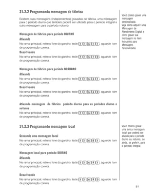 91
31.2.2 Programando mensagem de fábrica
Existem duas mensagens (independentes) gravadas de fábrica, uma mensagem
para o período diurno que também poderá ser utilizada para o período integral e
outra mensagem para o período noturno.
Mensagem de fábrica para período DIURNO
Ativando
No ramal principal, retire o fone do gancho, tecle , aguarde tom
de programação correta.
Desativando
No ramal principal, retire o fone do gancho, tecle , aguarde tom
de programação correta.
Mensagem de fábrica para período NOTURNO
Ativando
No ramal principal, retire o fone do gancho, tecle , aguarde tom
de programação correta.
Desativando
No ramal principal, retire o fone do gancho, tecle , aguarde tom
de programação correta.
Ativando mensagem de fábrica período diurno para os períodos diurno e
noturno
No ramal principal, retire o fone do gancho, tecle , aguarde tom
de programação correta.
31.2.3 Programando mensagem local
Gravando uma mensagem local
No ramal principal, retire o fone do gancho, tecle , aguarde tom
de programação correta.
Mensagem local para período DIURNO
Ativando
No ramal principal, retire o fone do gancho, tecle , aguarde tom
de programação correta.
Desativando
No ramal principal, retire o fone do gancho, tecle , aguarde tom
de programação correta.
Você poderá gravar uma
mensagem
personalizada.
Veja como adquirir uma
Mensagem de
Atendimento Digital e
como gravar sua
mensagem no item
Instruções para
Mensagens
Personalizadas.
Você poderá gravar
uma única mensagem
local que poderá ser
ativada para o período
diurno ou noturno, ou
ainda, se preferir, para
o período integral.
 