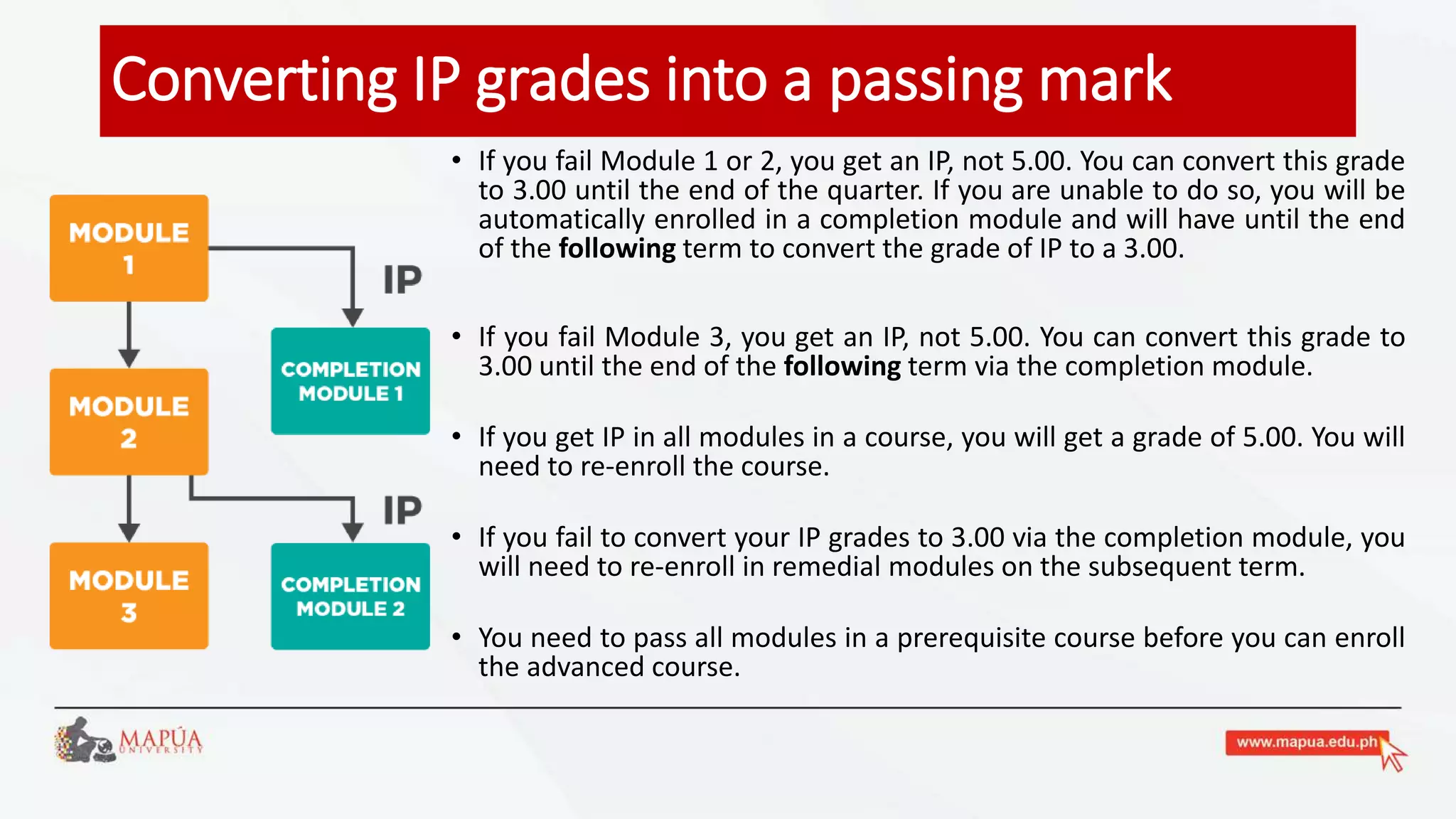 • If you fail Module 1 or 2, you get an IP, not 5.00. You can convert this grade
to 3.00 until the end of the quarter. If you are unable to do so, you will be
automatically enrolled in a completion module and will have until the end
of the following term to convert the grade of IP to a 3.00.
• If you fail Module 3, you get an IP, not 5.00. You can convert this grade to
3.00 until the end of the following term via the completion module.
• If you get IP in all modules in a course, you will get a grade of 5.00. You will
need to re-enroll the course.
• If you fail to convert your IP grades to 3.00 via the completion module, you
will need to re-enroll in remedial modules on the subsequent term.
• You need to pass all modules in a prerequisite course before you can enroll
the advanced course.
Converting IP grades into a passing mark
 