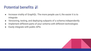 Things to consider
● Making it work with all of GraphQL
● More efficient batching of requests to the backend services
● No...